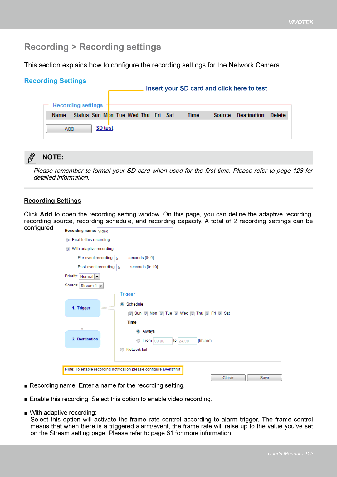 Vivotek FE8174 user manual Recording Recording settings, Recording Settings 