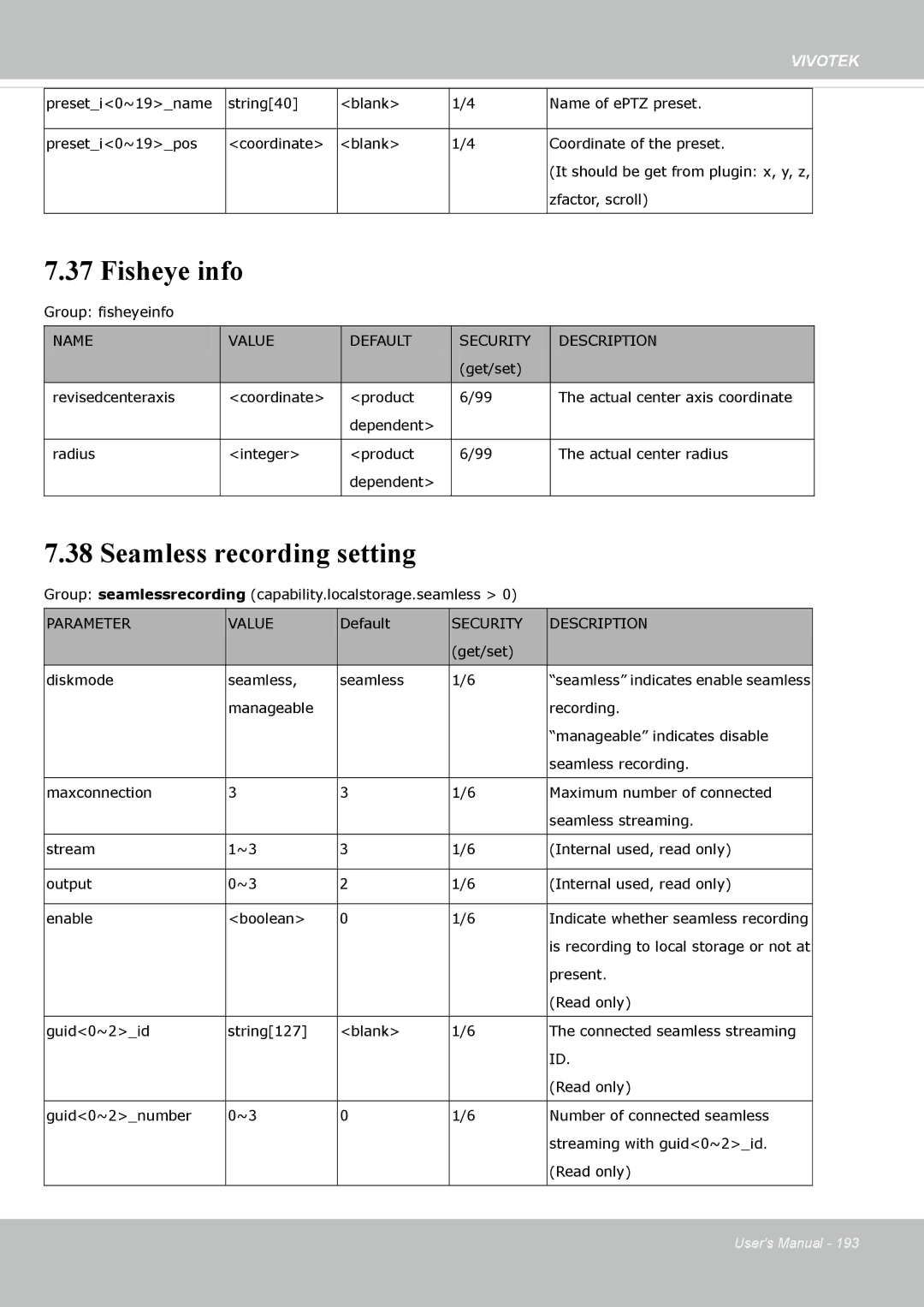 Vivotek FE8174 user manual Fisheye info, Seamless recording setting 