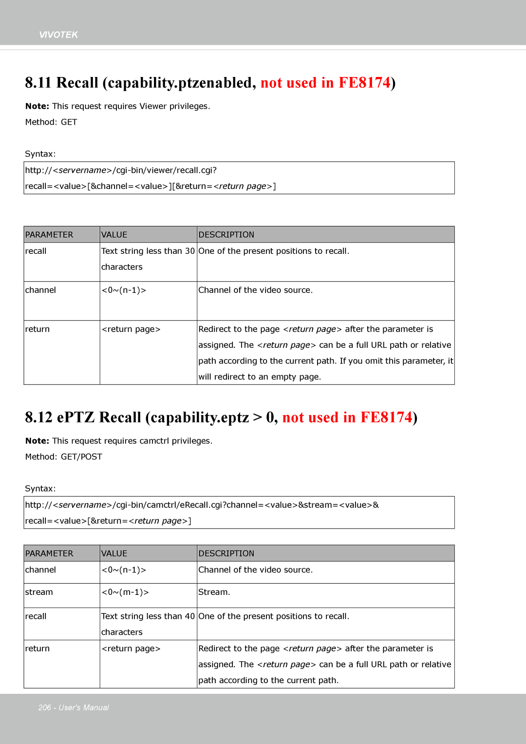 Vivotek user manual Recall capability.ptzenabled, not used in FE8174, EPTZ Recall capability.eptz 0, not used in FE8174 