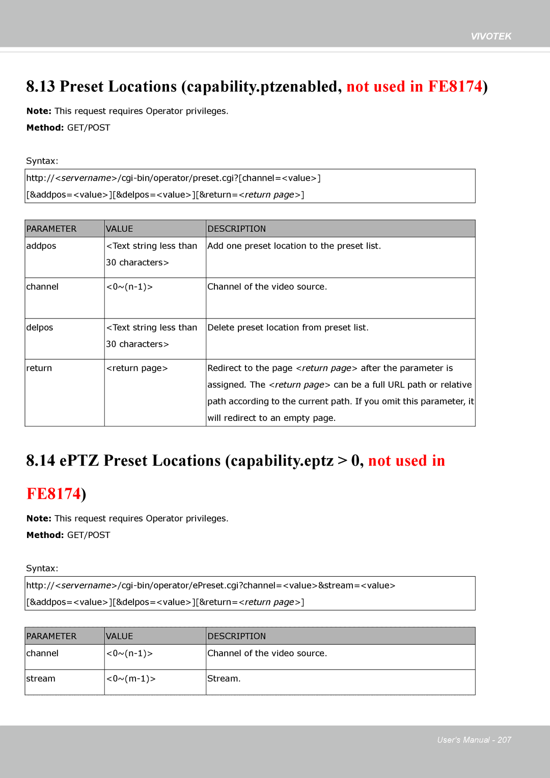 Vivotek user manual Preset Locations capability.ptzenabled, not used in FE8174 