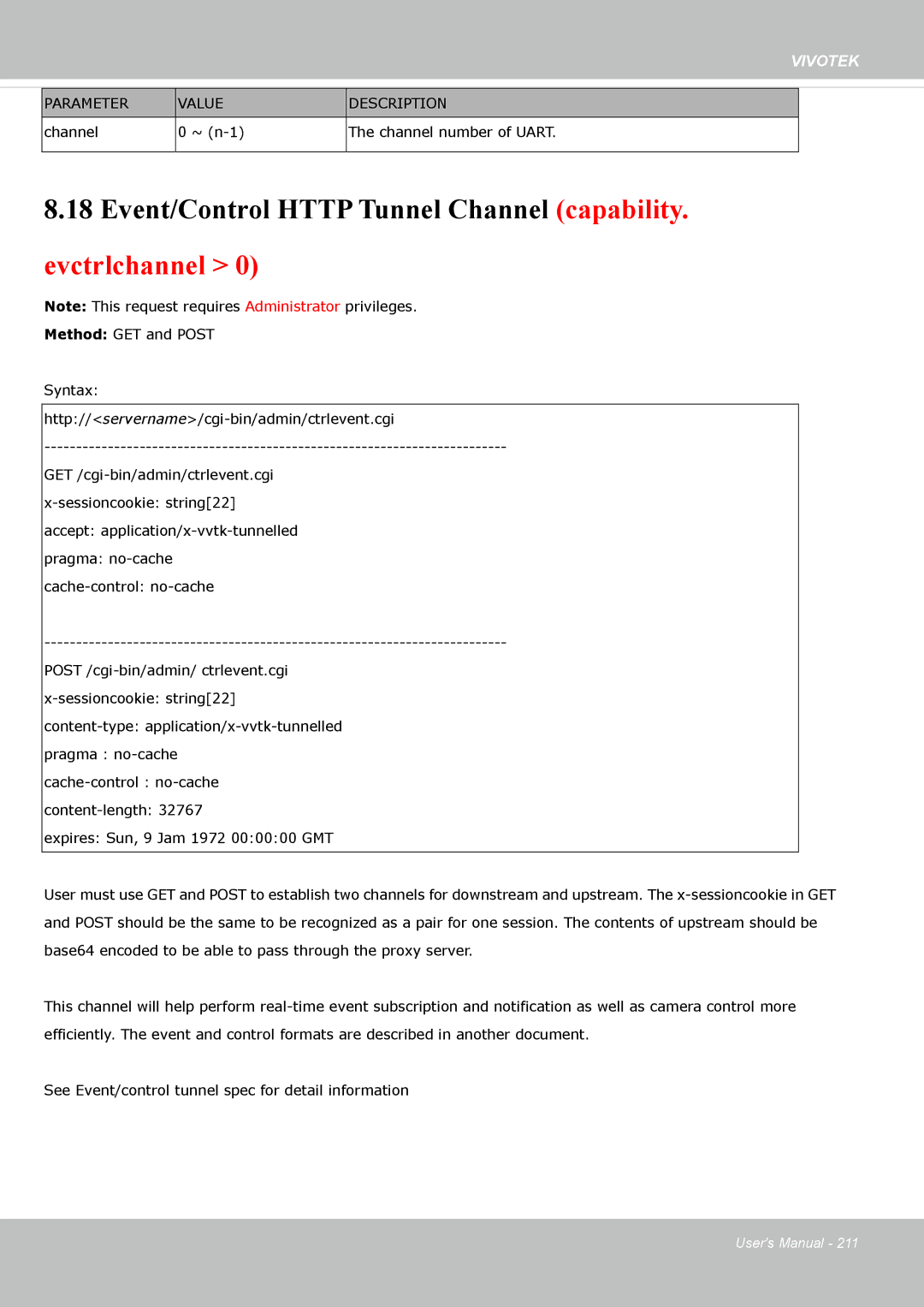 Vivotek FE8174 user manual Event/Control Http Tunnel Channel capability. evctrlchannel 