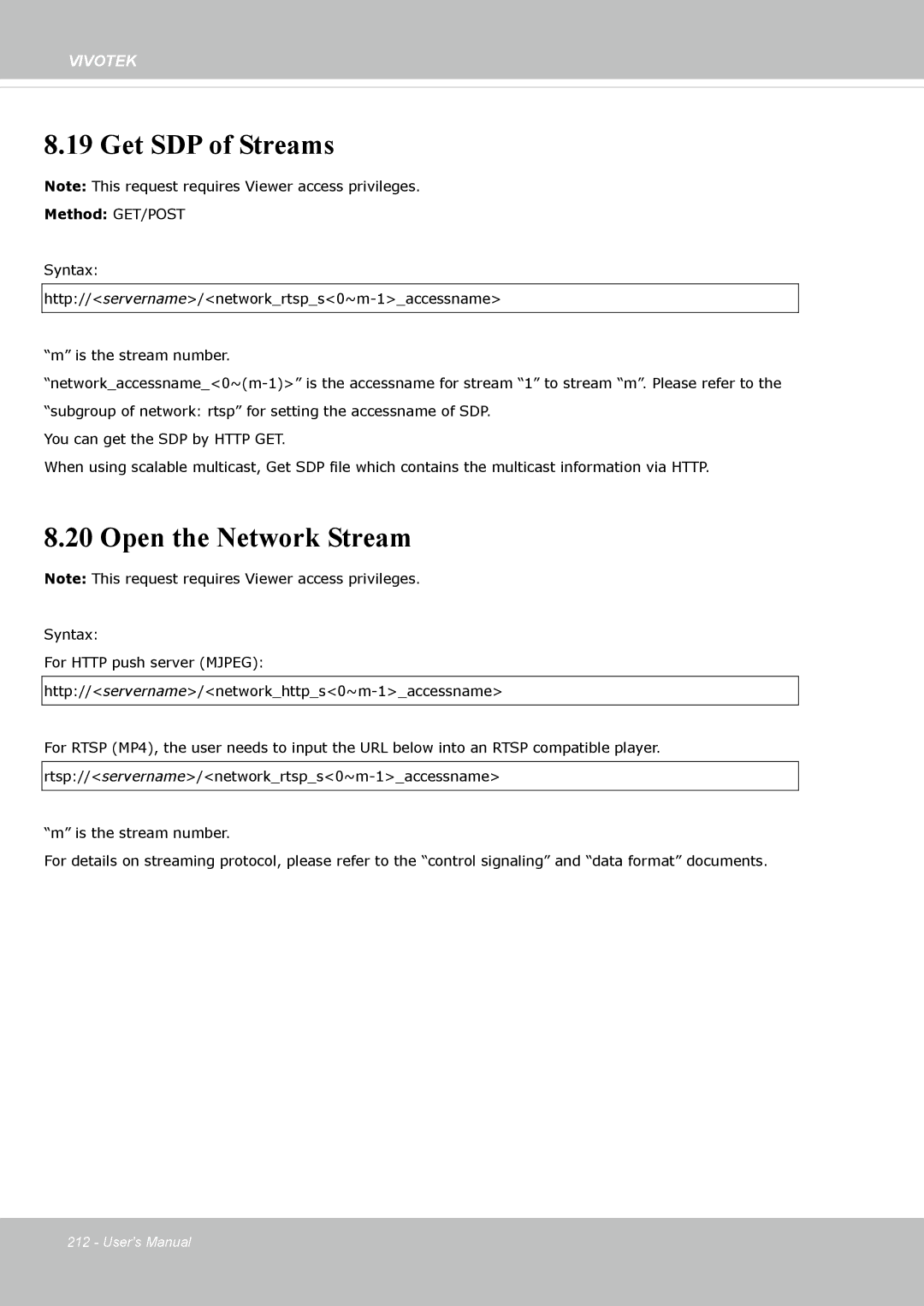 Vivotek FE8174 user manual Get SDP of Streams, Open the Network Stream 