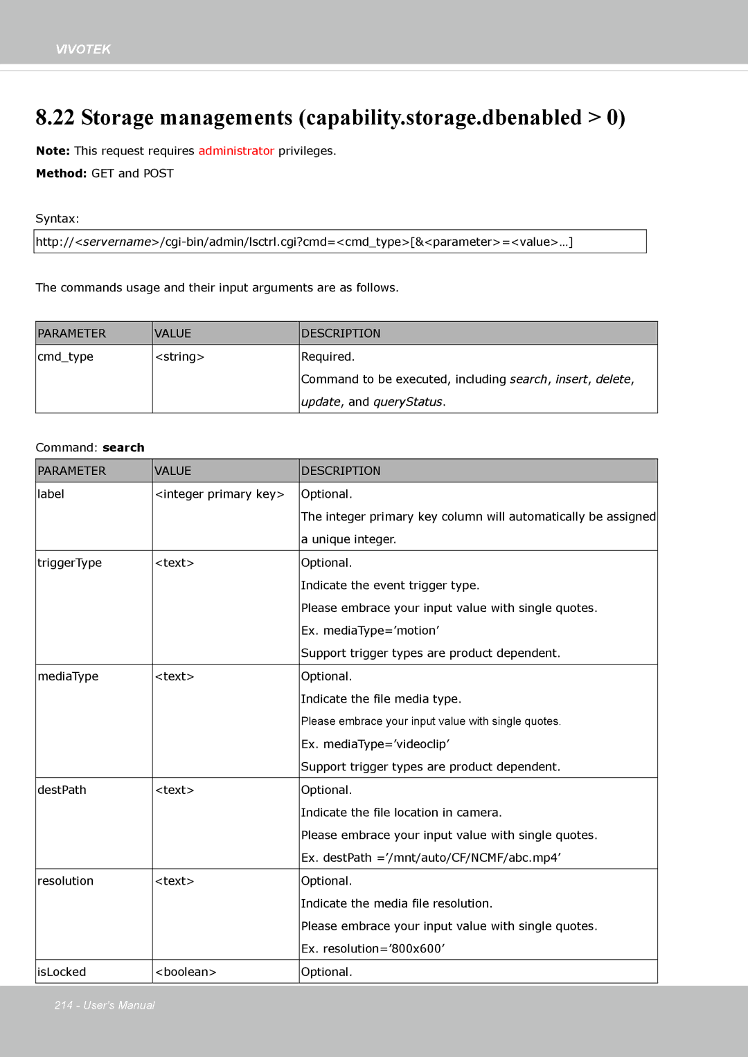 Vivotek FE8174 user manual Storage managements capability.storage.dbenabled, Update, and queryStatus 