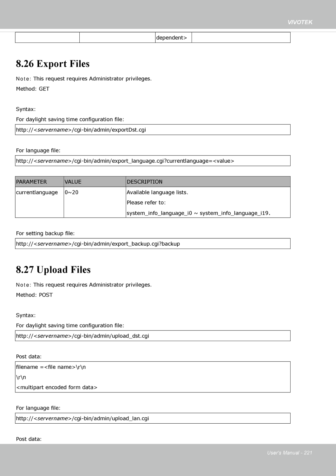 Vivotek FE8174 user manual Export Files, Upload Files 