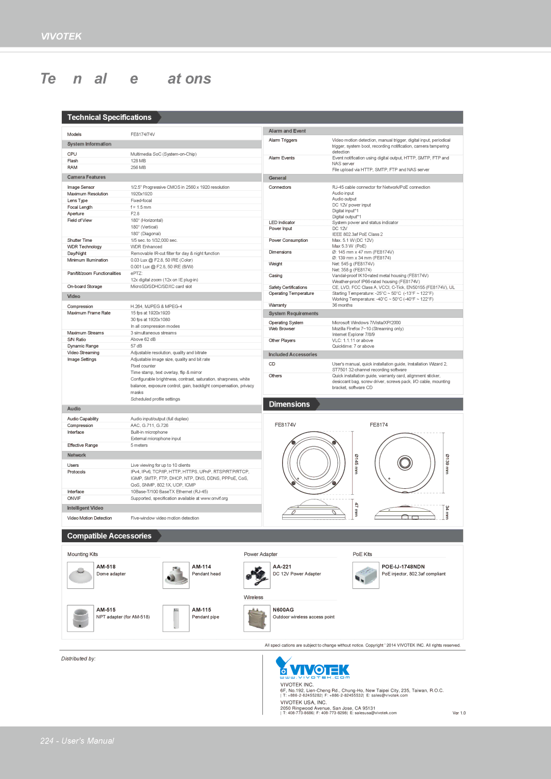 Vivotek FE8174 user manual Technical Specifications 