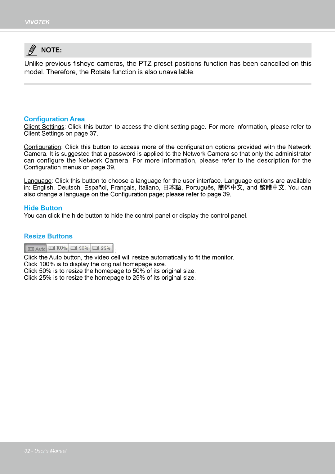 Vivotek FE8174 user manual Configuration Area, Hide Button, Resize Buttons 