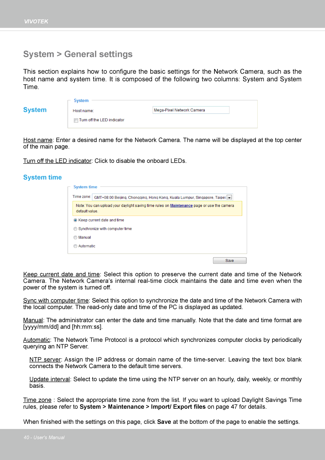 Vivotek FE8174 user manual System General settings, System time 