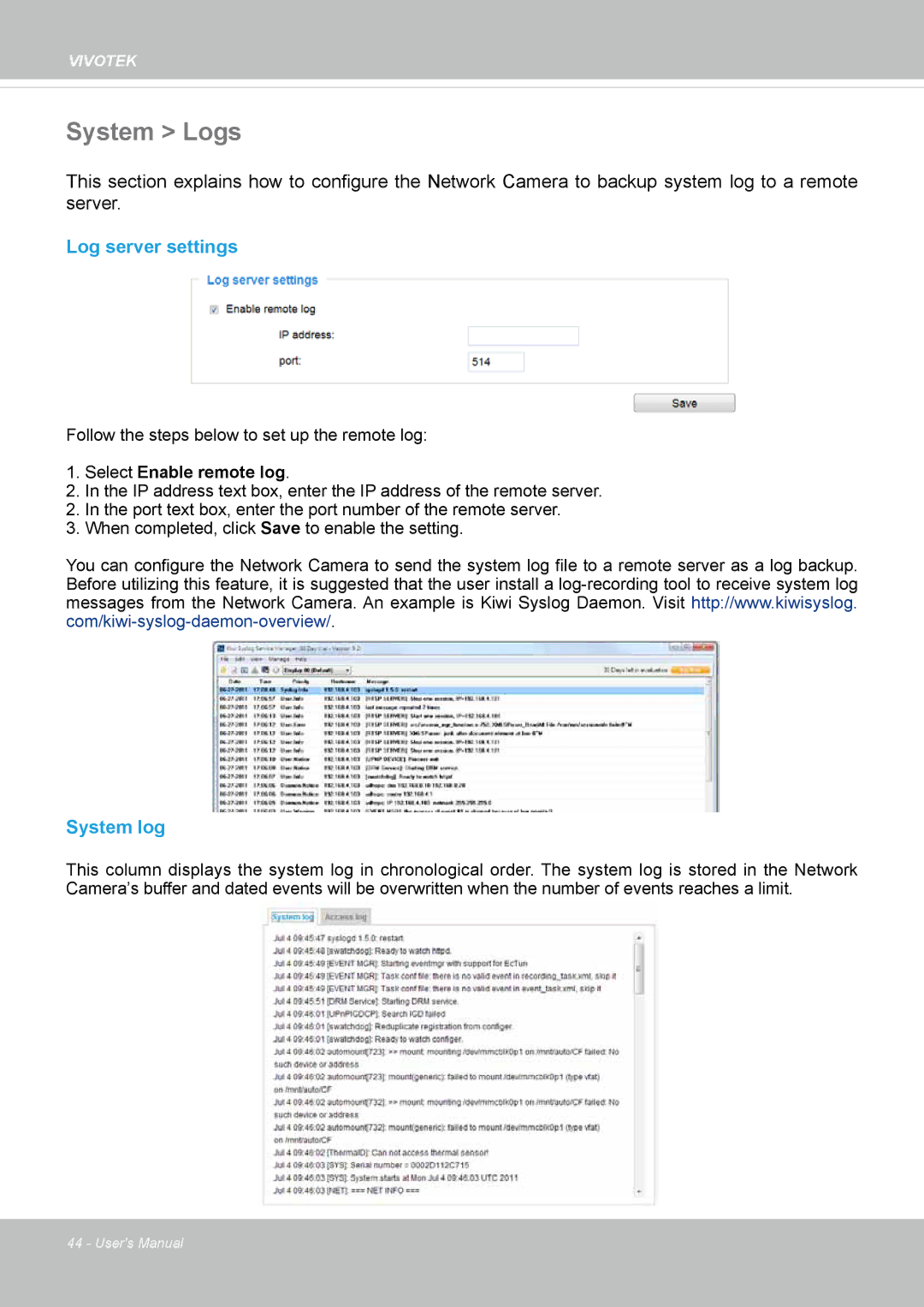 Vivotek FE8174 user manual System Logs, Log server settings, System log 