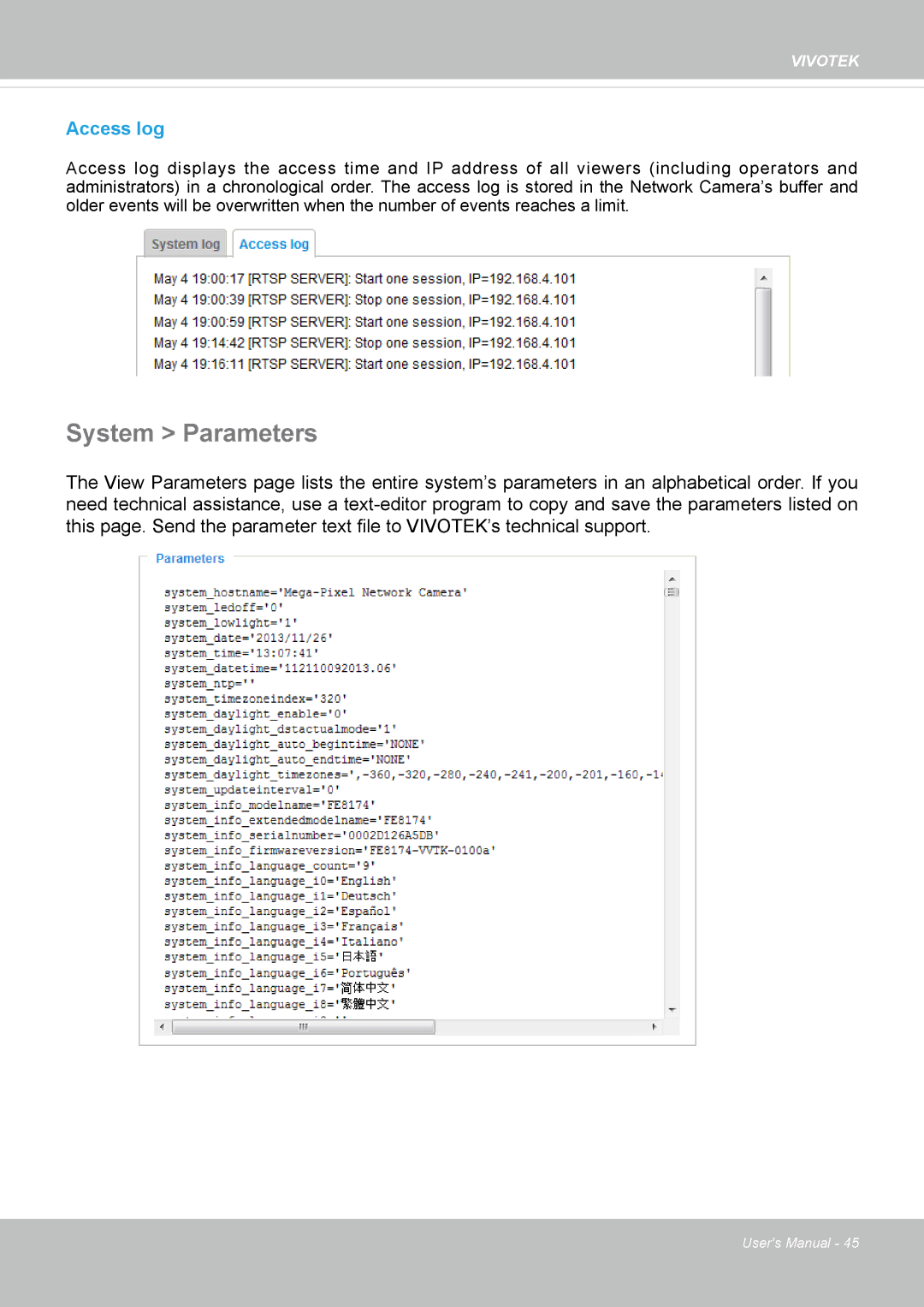 Vivotek FE8174 user manual System Parameters, Access log 