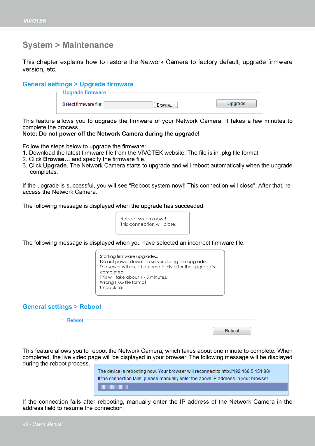 Vivotek FE8174 user manual System Maintenance, General settings Upgrade firmware, General settings Reboot 