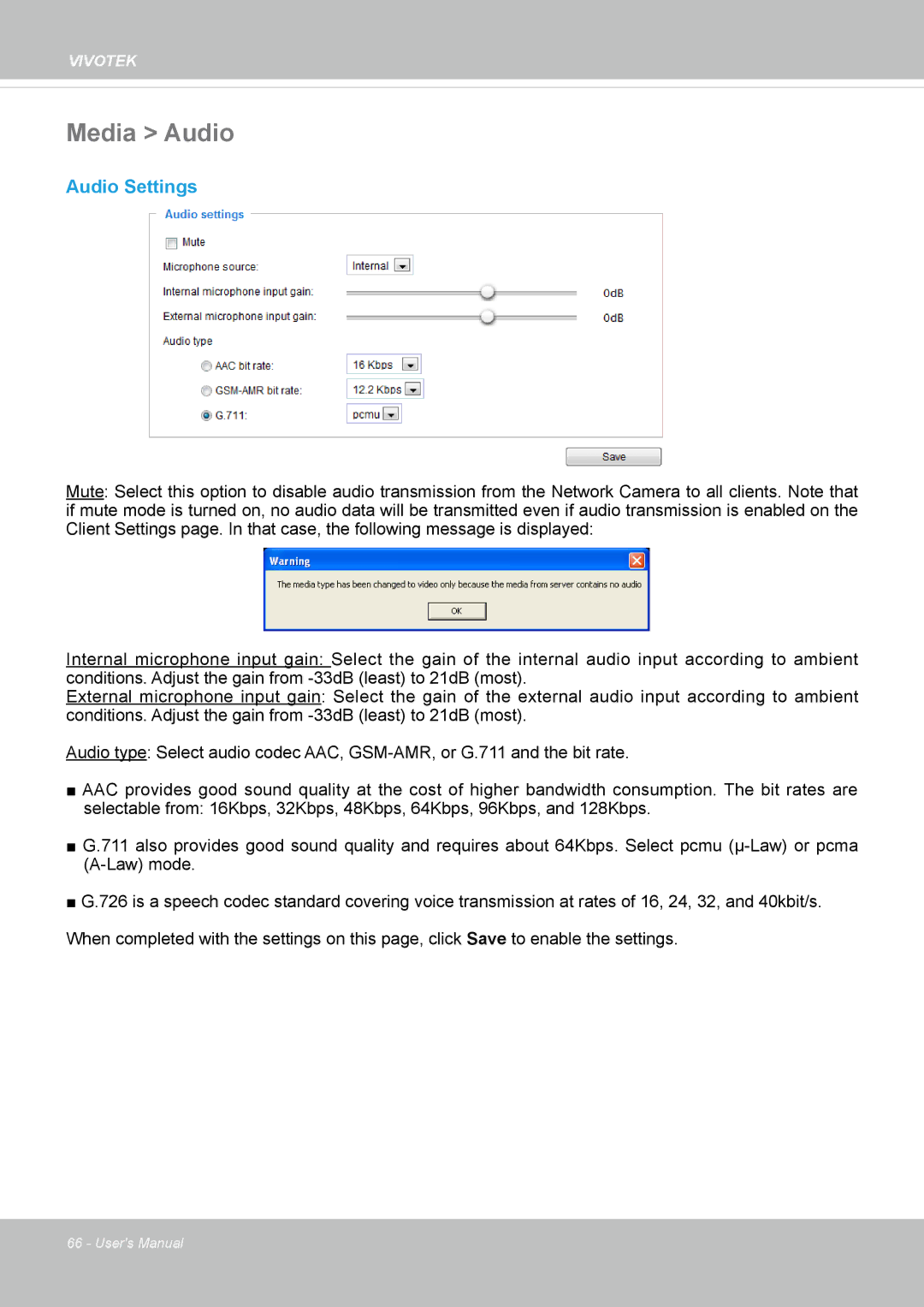 Vivotek FE8174 user manual Media Audio, Audio Settings 