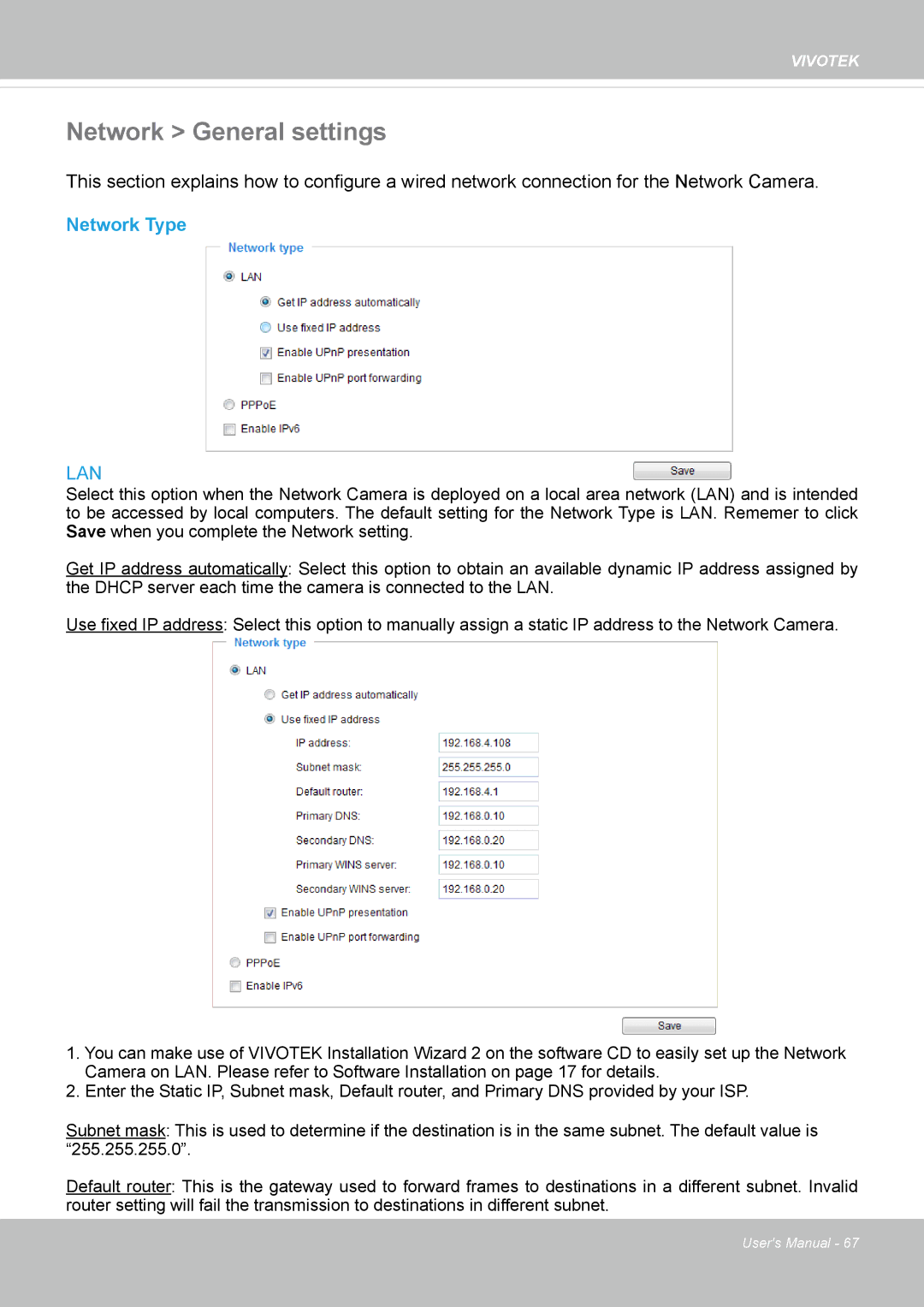 Vivotek FE8174 user manual Network General settings, Network Type 