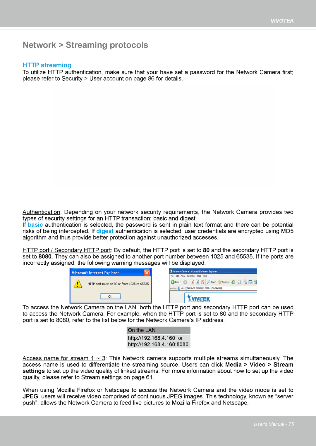 Vivotek FE8174 user manual Network Streaming protocols, Http streaming 