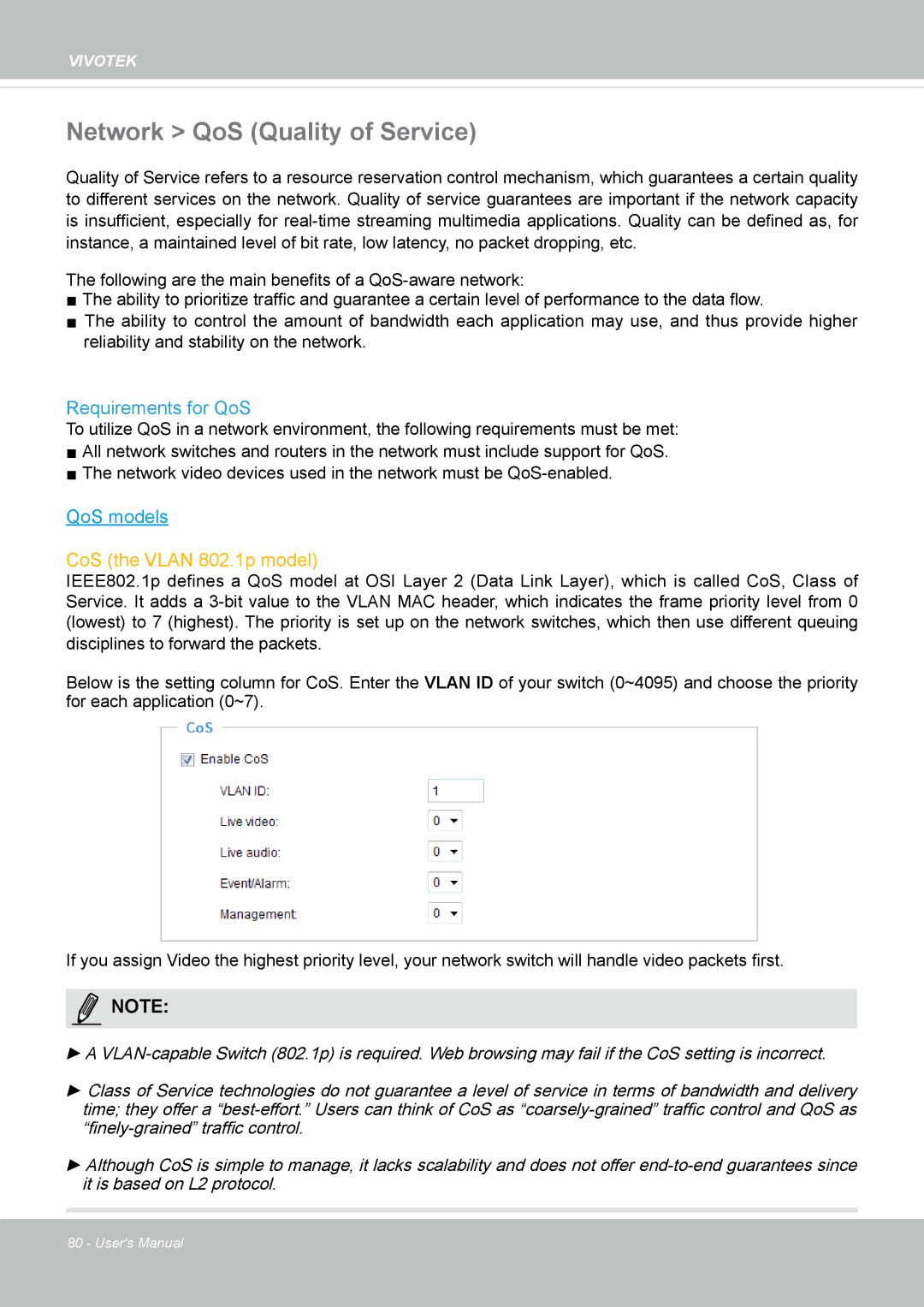 Vivotek FE8174 user manual Network QoS Quality of Service, Requirements for QoS 