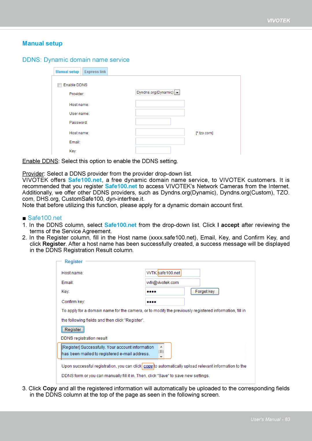 Vivotek FE8174 user manual Manual setup, Ddns Dynamic domain name service 