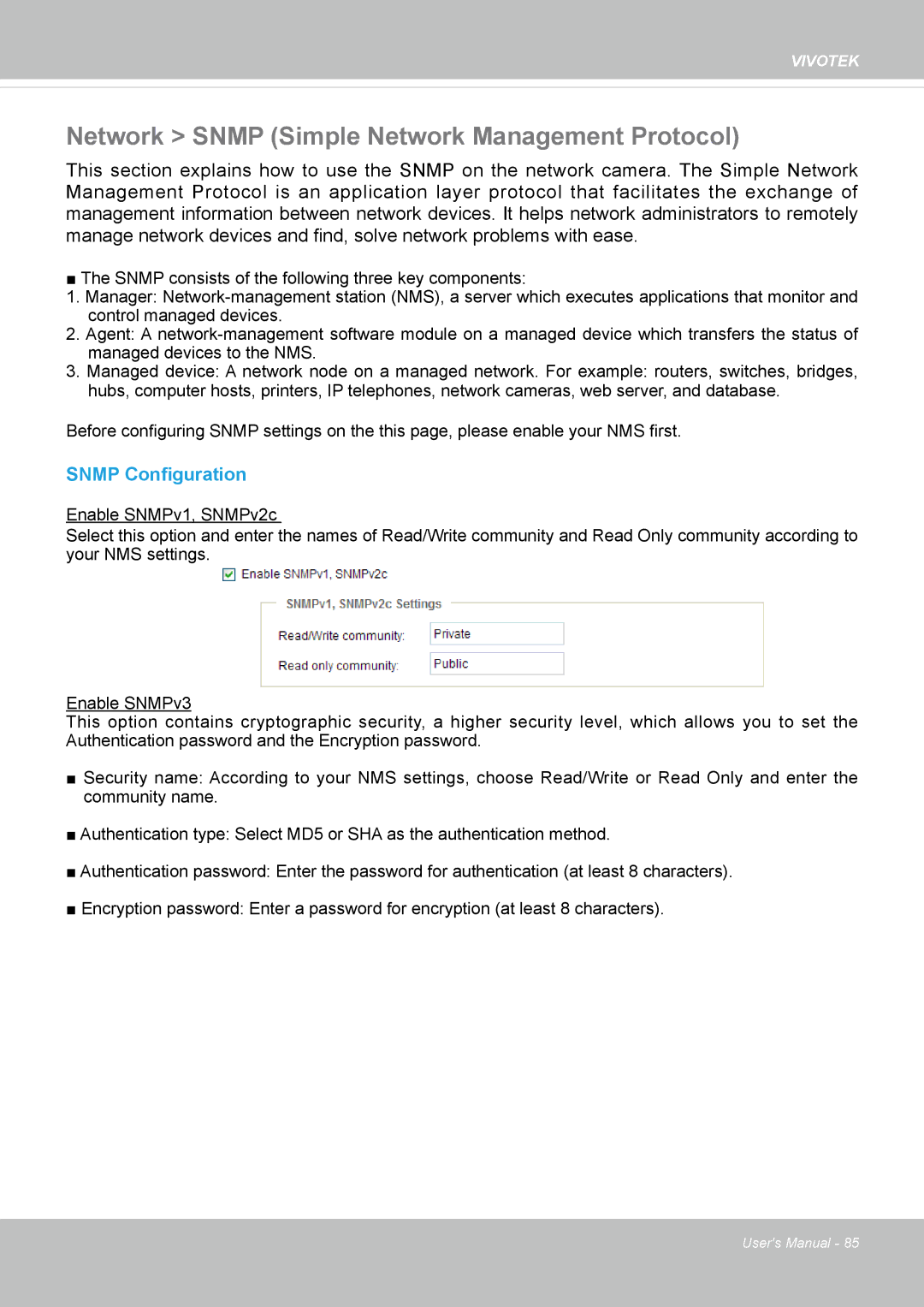 Vivotek FE8174 user manual Network Snmp Simple Network Management Protocol, Snmp Configuration 