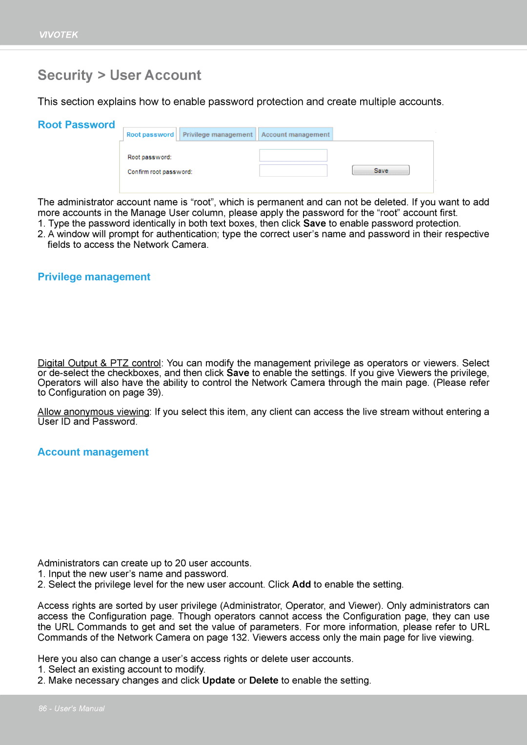 Vivotek FE8174 user manual Security User Account, Root Password, Privilege management, Account management 