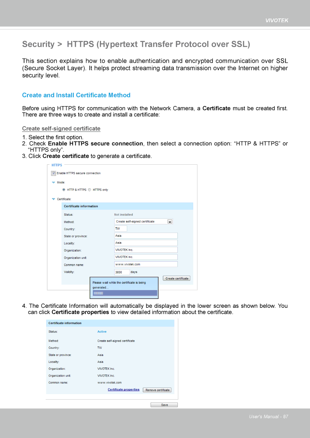 Vivotek FE8174 user manual Security Https Hypertext Transfer Protocol over SSL, Create and Install Certificate Method 