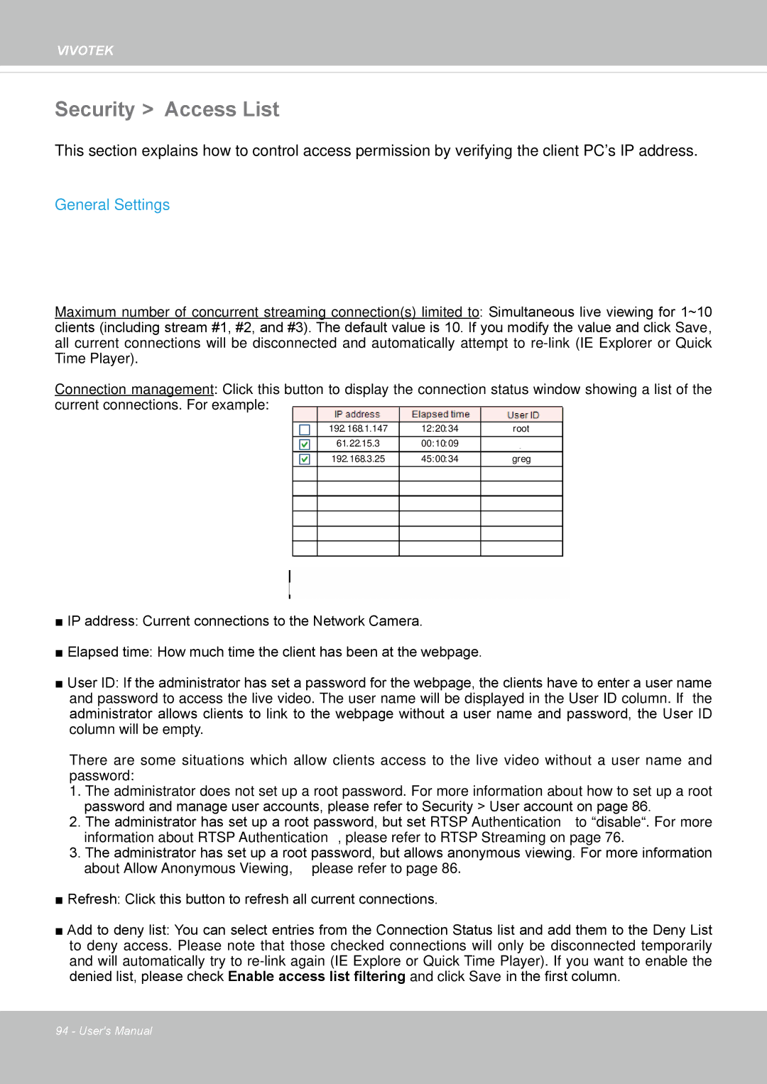 Vivotek FE8174 user manual Security Access List, General Settings 