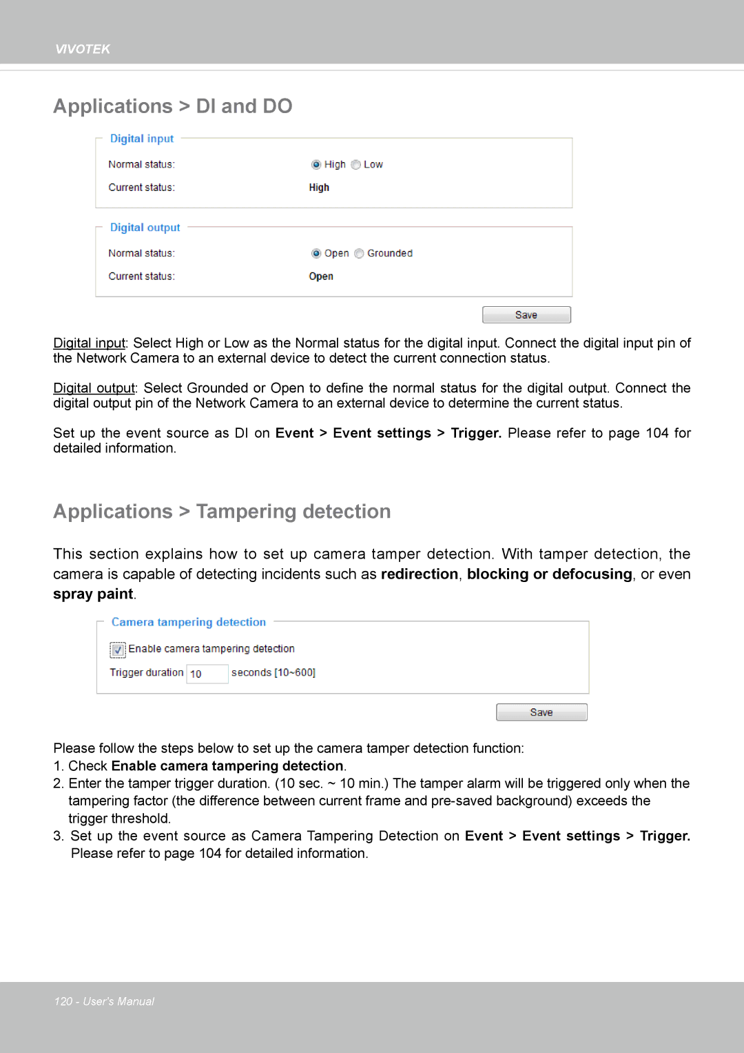 Vivotek FE8174V user manual Applications DI and do, Applications Tampering detection 