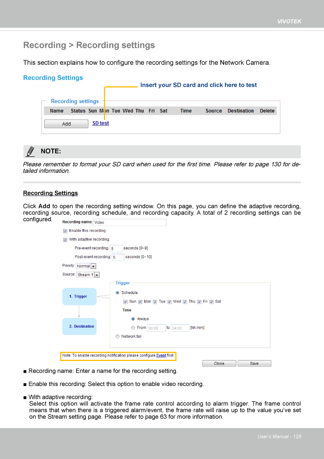 Vivotek FE8174V user manual Recording Recording settings, Recording Settings 