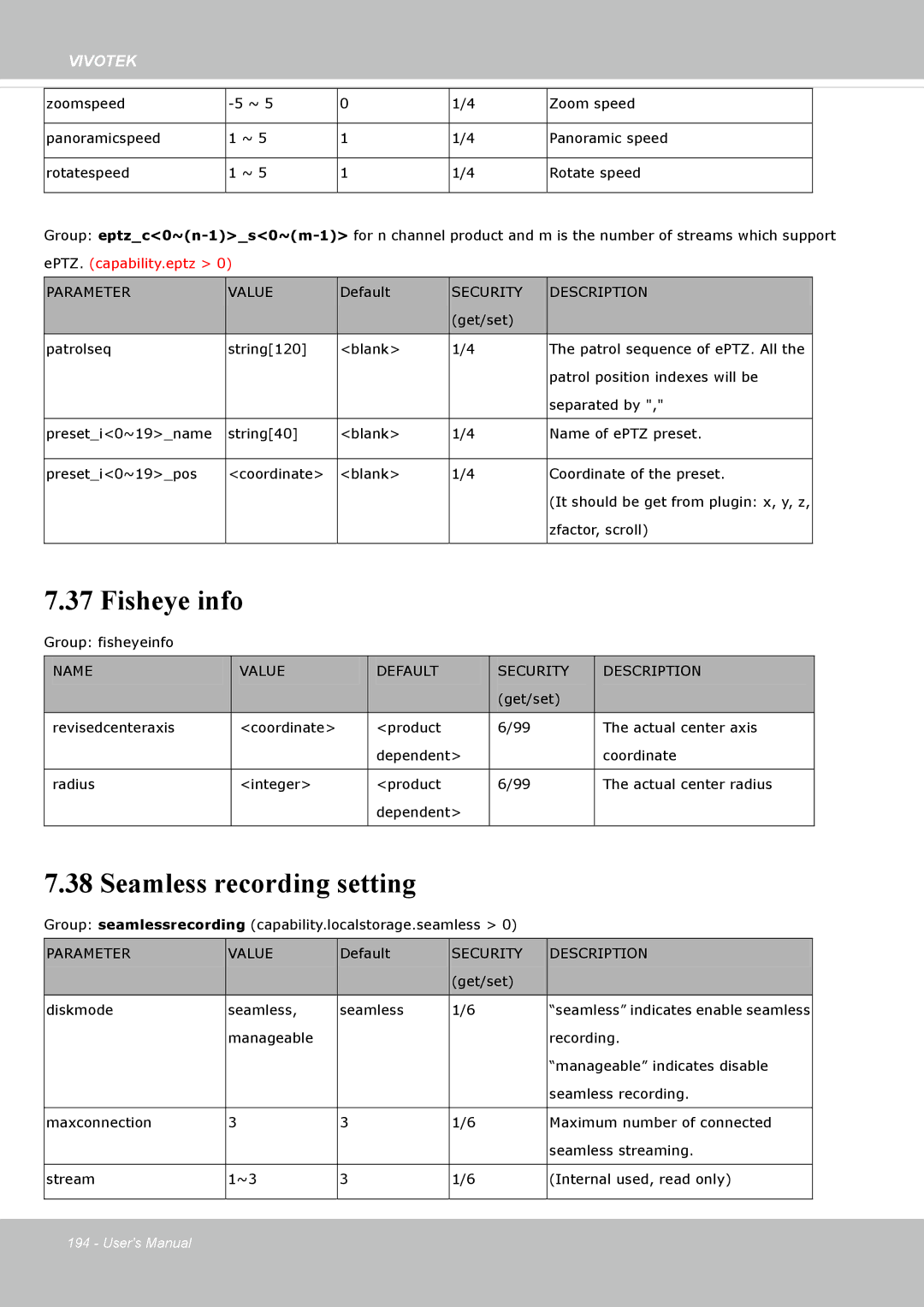 Vivotek FE8174V user manual Fisheye info, Seamless recording setting 