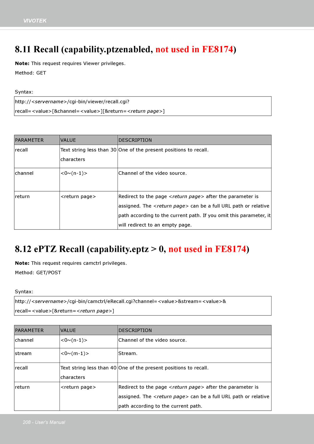 Vivotek FE8174V Recall capability.ptzenabled, not used in FE8174, EPTZ Recall capability.eptz 0, not used in FE8174 