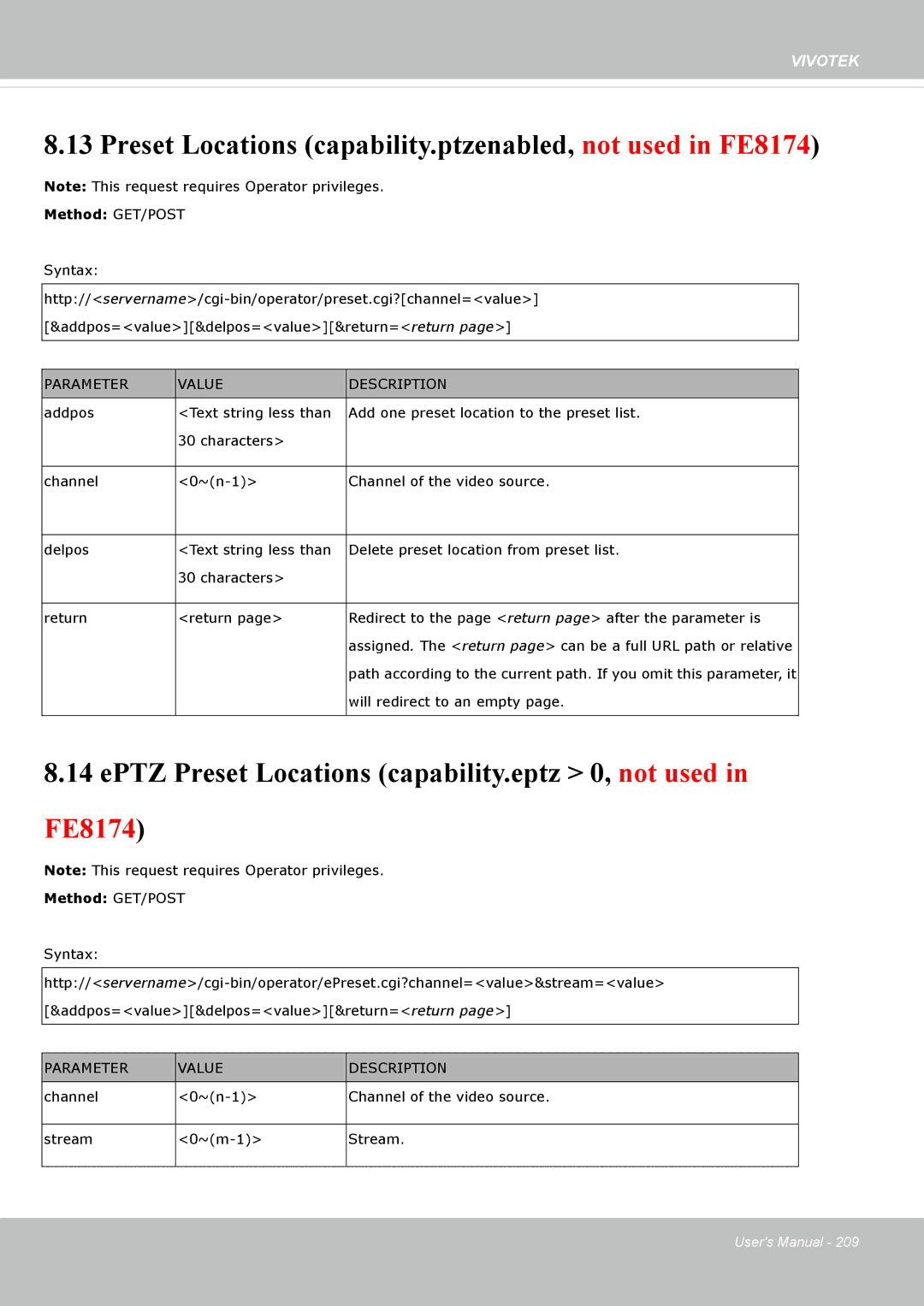 Vivotek FE8174V user manual Preset Locations capability.ptzenabled, not used in FE8174 