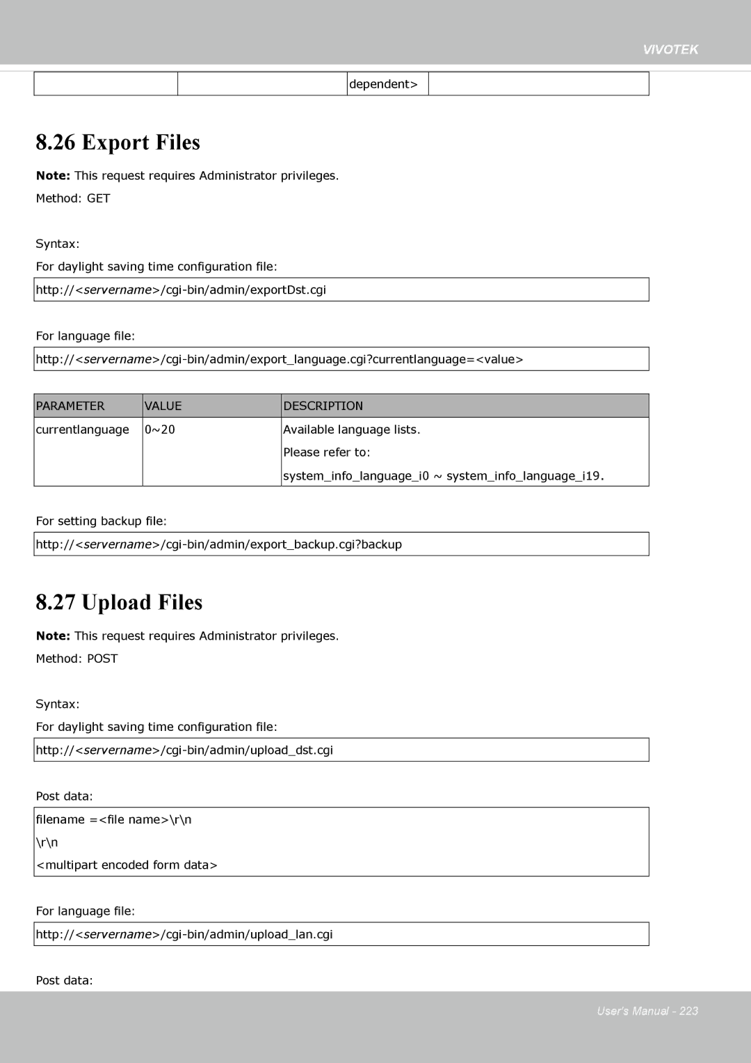 Vivotek FE8174V user manual Export Files, Upload Files 