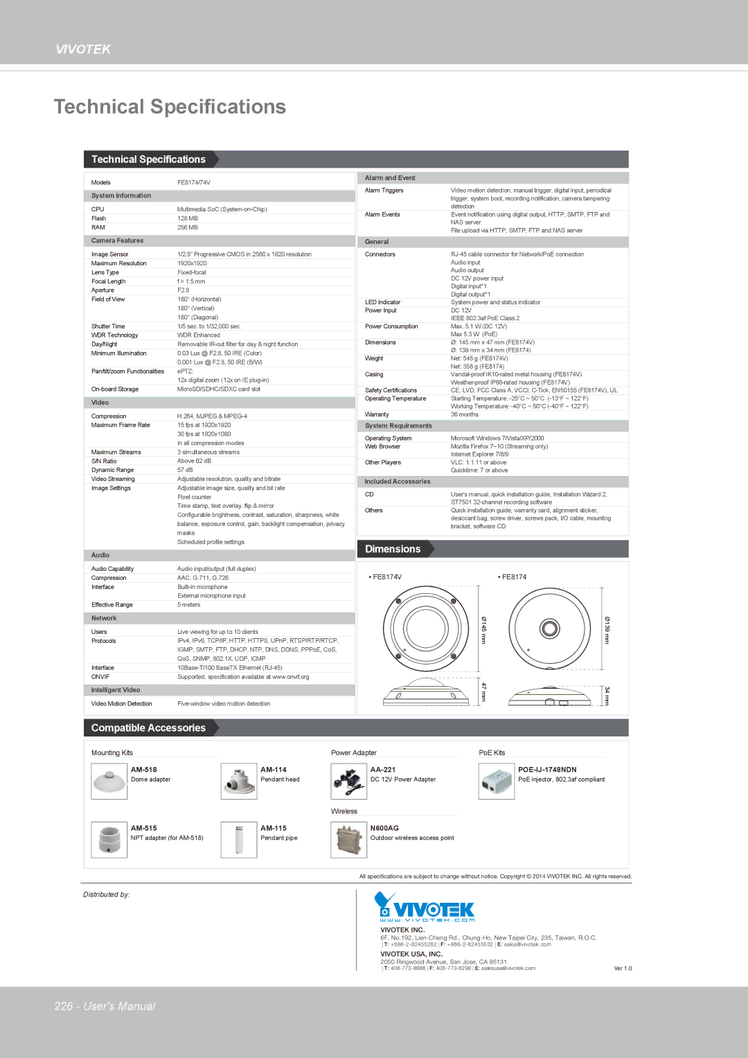 Vivotek FE8174V user manual Technical Specifications 