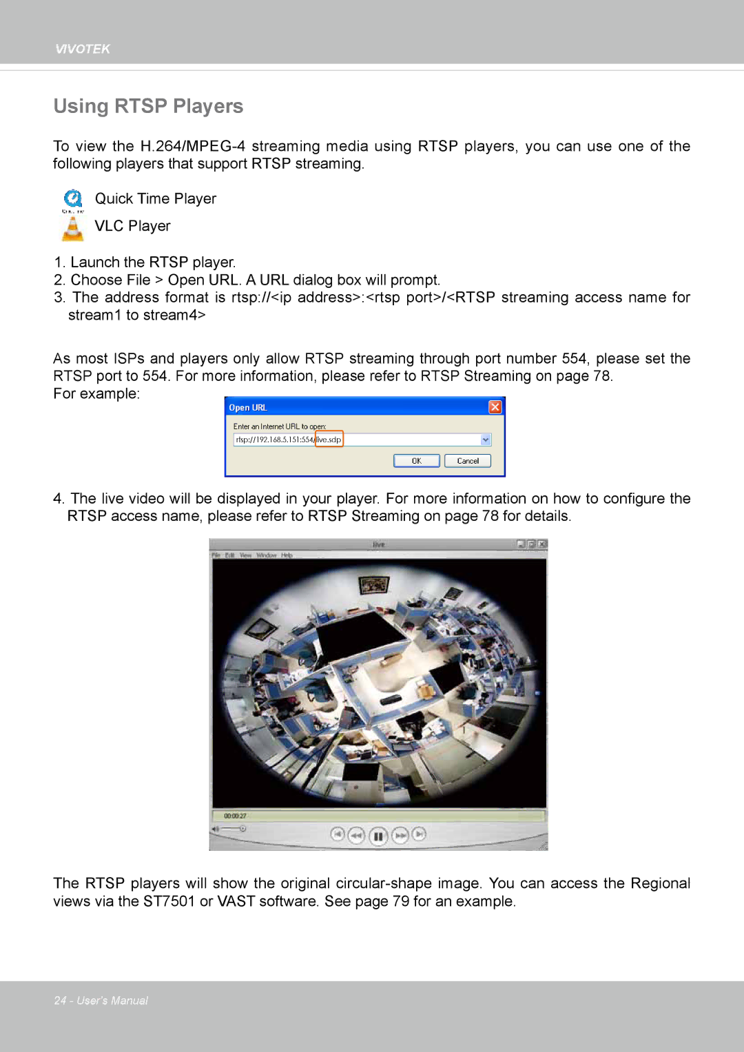 Vivotek FE8174V user manual Using Rtsp Players 