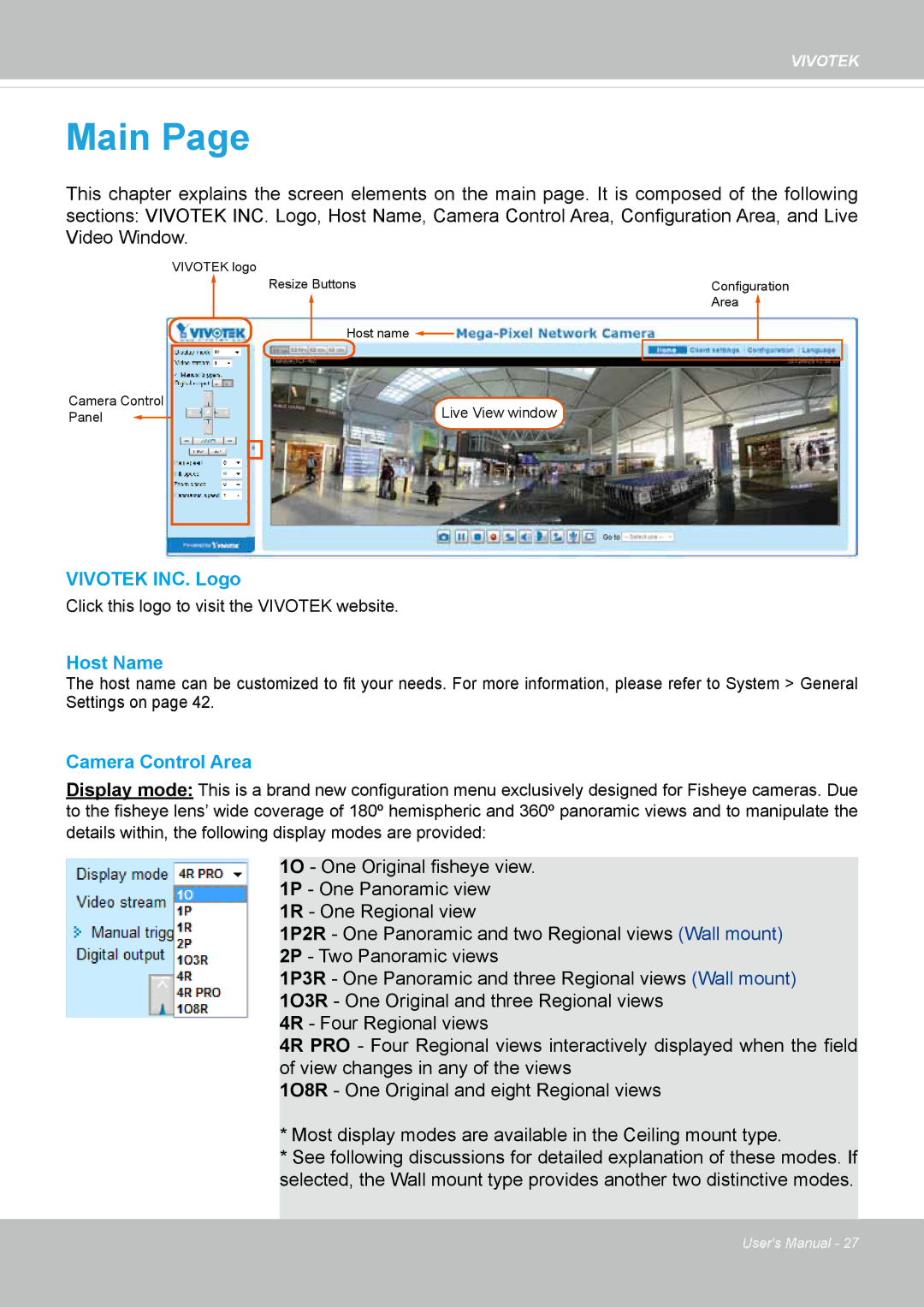 Vivotek FE8174V user manual Vivotek INC. Logo, Host Name, Camera Control Area 