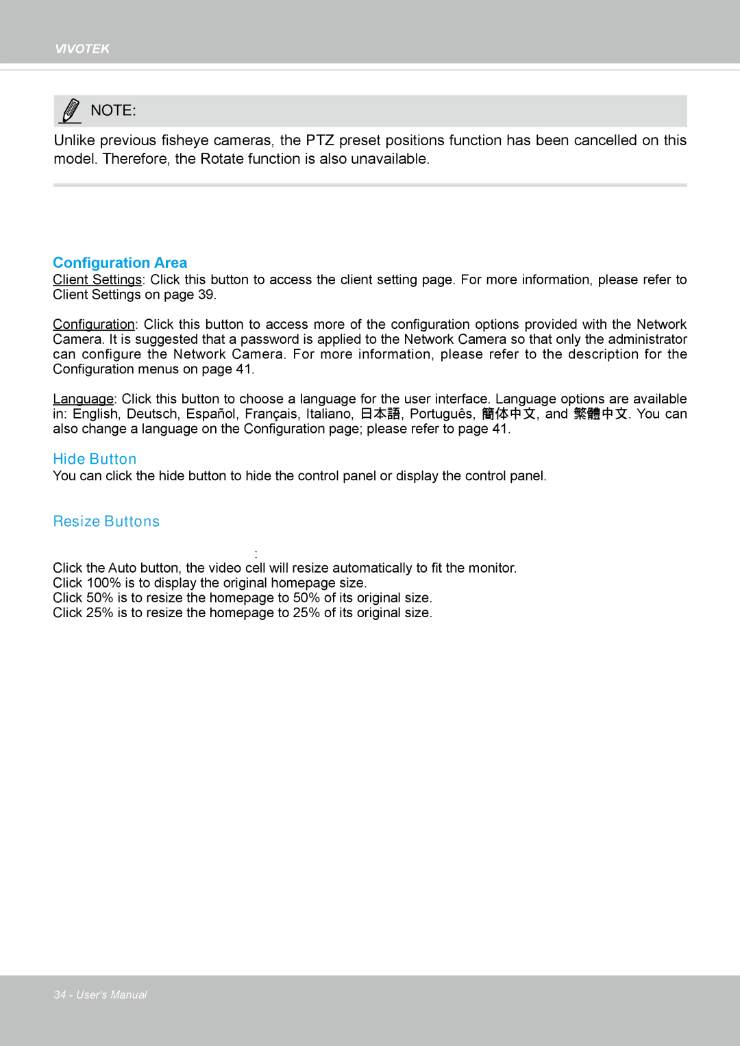 Vivotek FE8174V user manual Configuration Area, Hide Button, Resize Buttons 