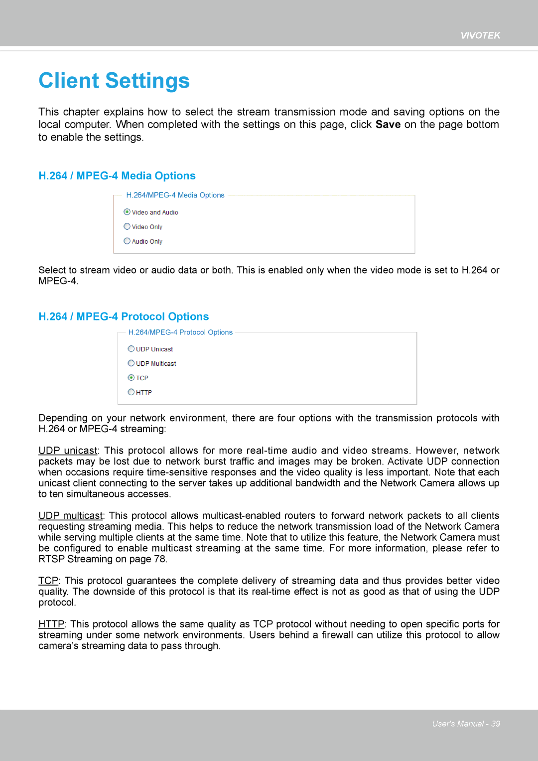 Vivotek FE8174V user manual 264 / MPEG-4 Media Options, 264 / MPEG-4 Protocol Options 