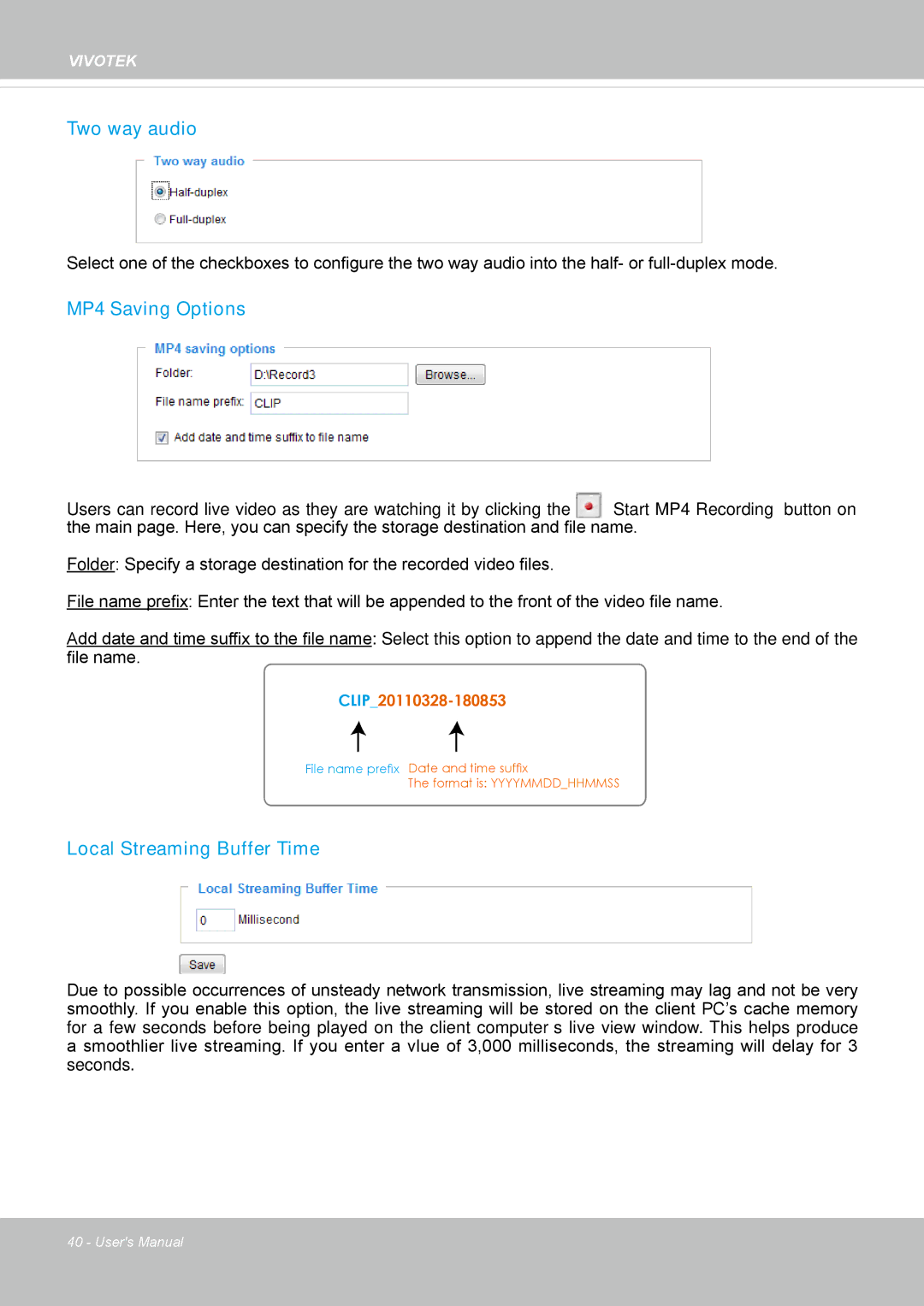 Vivotek FE8174V user manual Two way audio, MP4 Saving Options, Local Streaming Buffer Time 