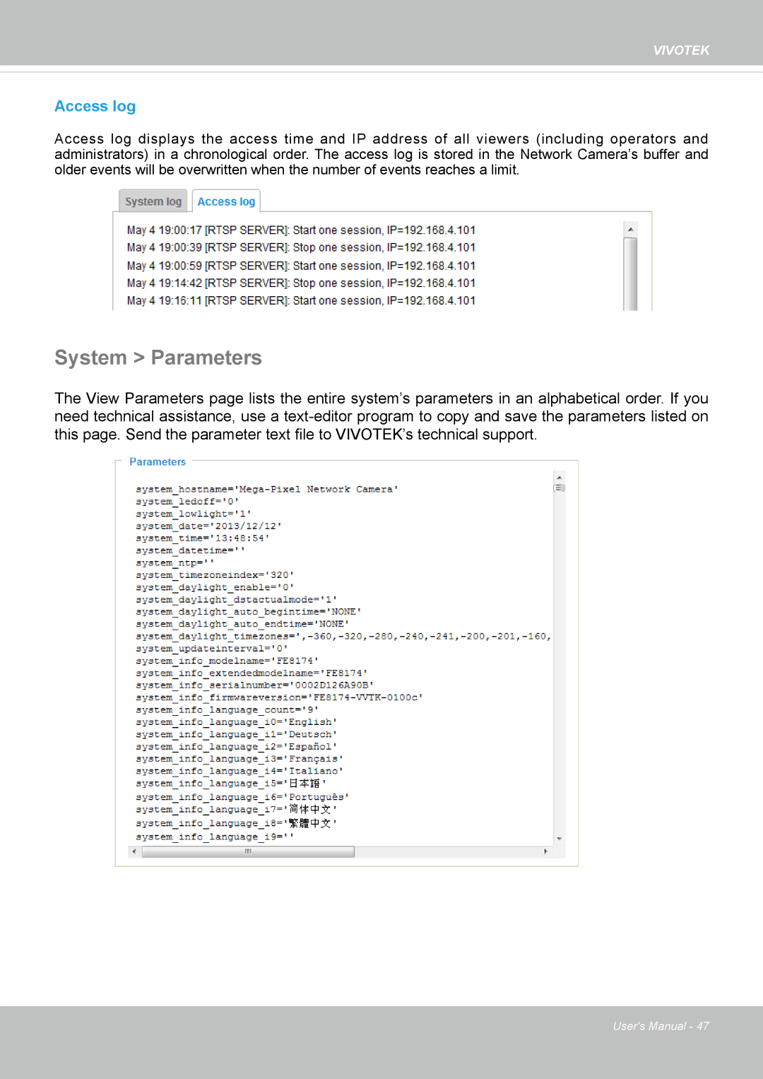 Vivotek FE8174V user manual System Parameters, Access log 