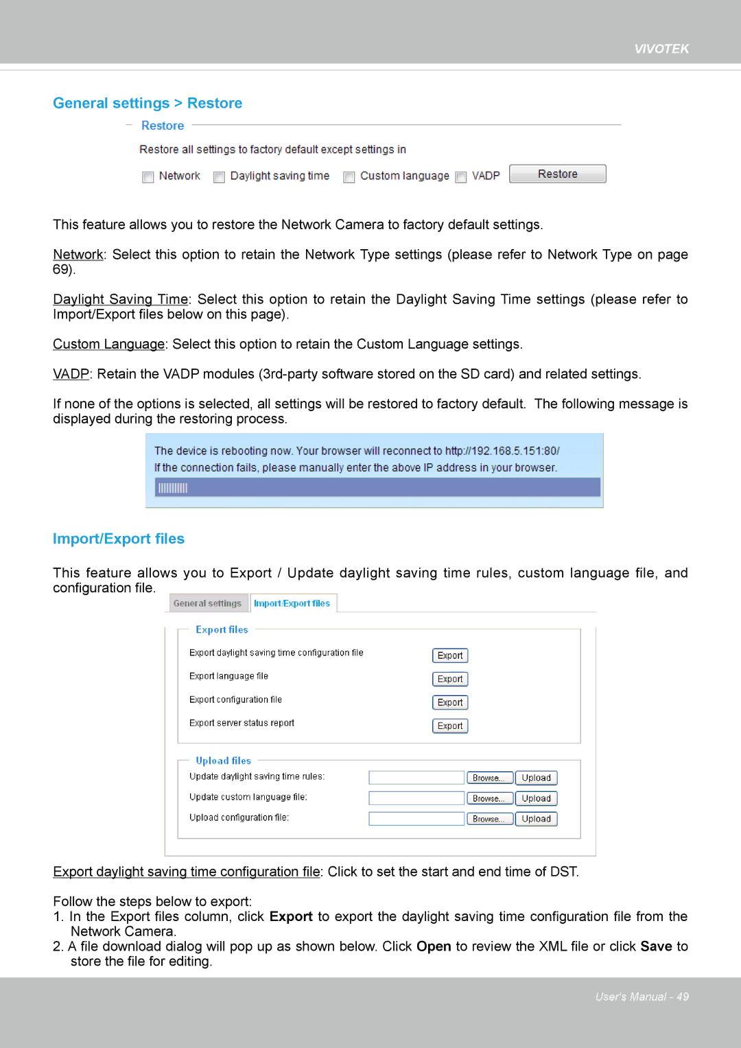 Vivotek FE8174V user manual General settings Restore, Import/Export files 