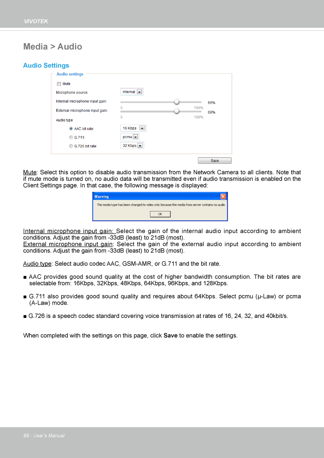 Vivotek FE8174V user manual Media Audio, Audio Settings 