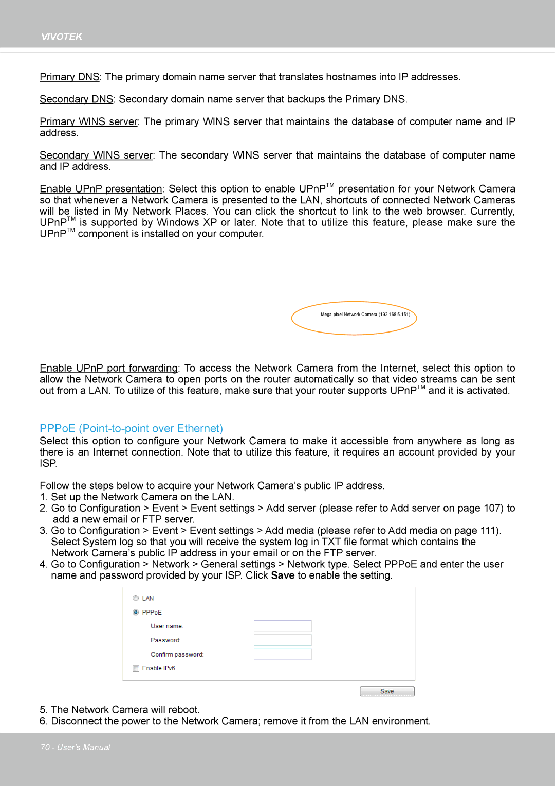 Vivotek FE8174V user manual PPPoE Point-to-point over Ethernet 