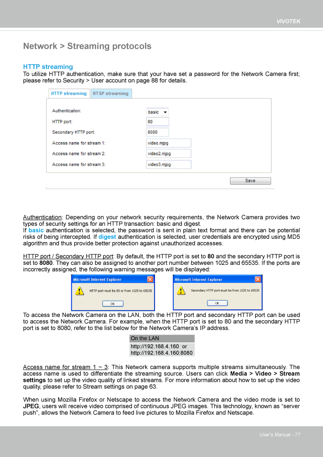 Vivotek FE8174V user manual Network Streaming protocols, Http streaming 