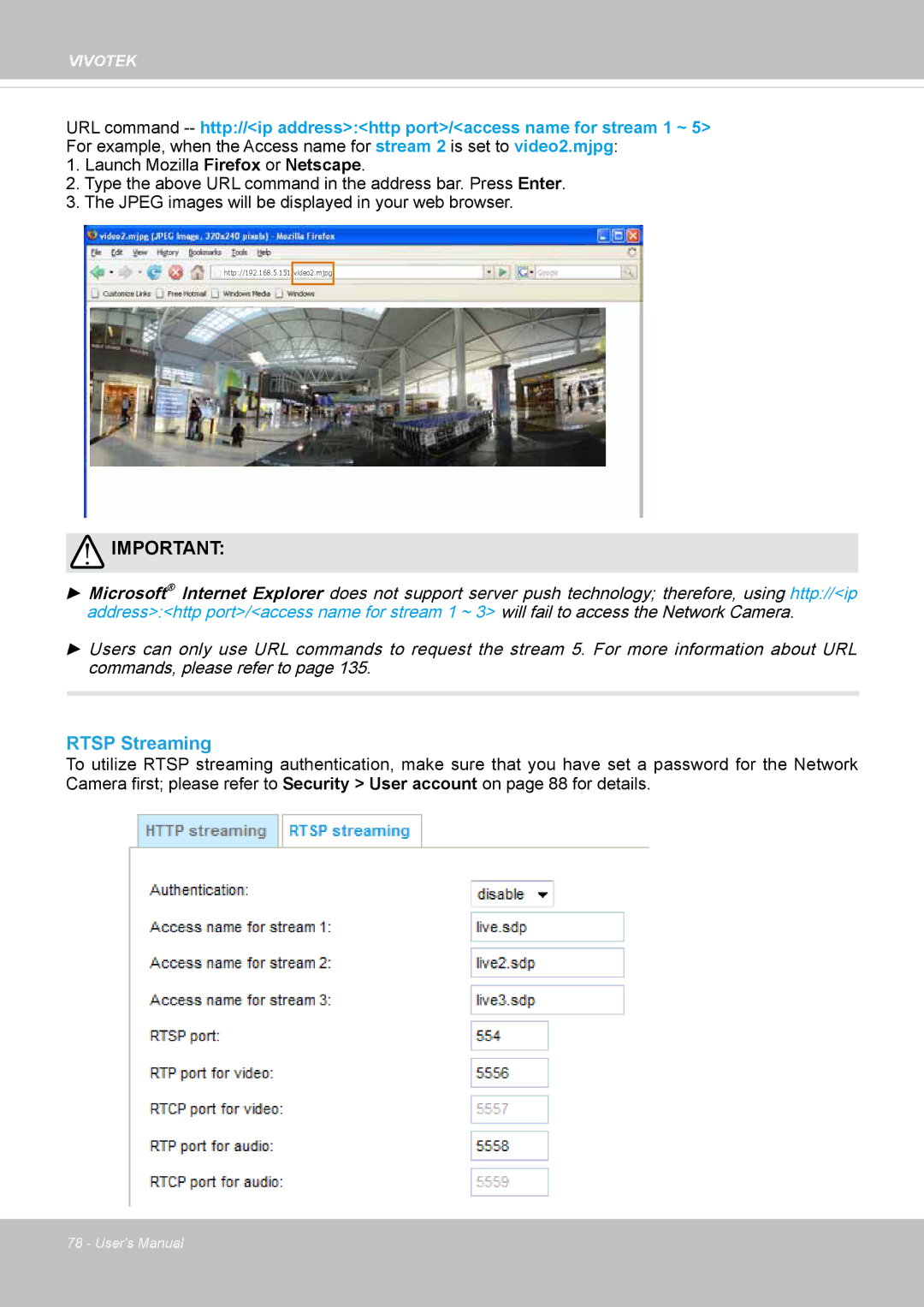 Vivotek FE8174V user manual Rtsp Streaming 