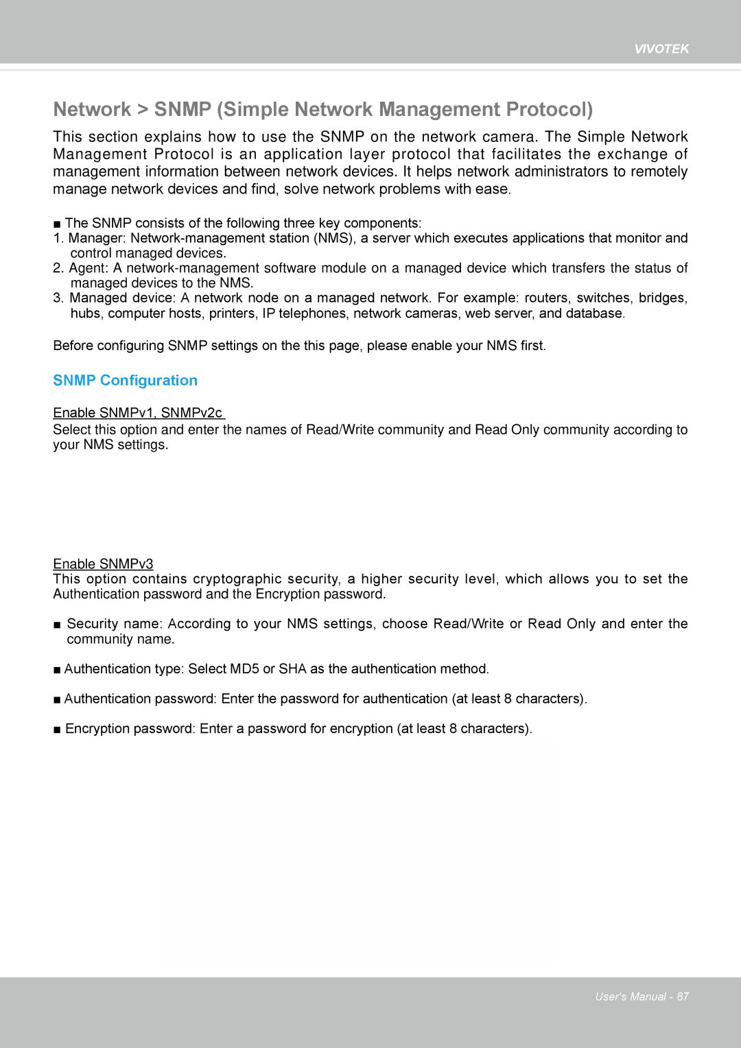 Vivotek FE8174V user manual Network Snmp Simple Network Management Protocol, Snmp Configuration 