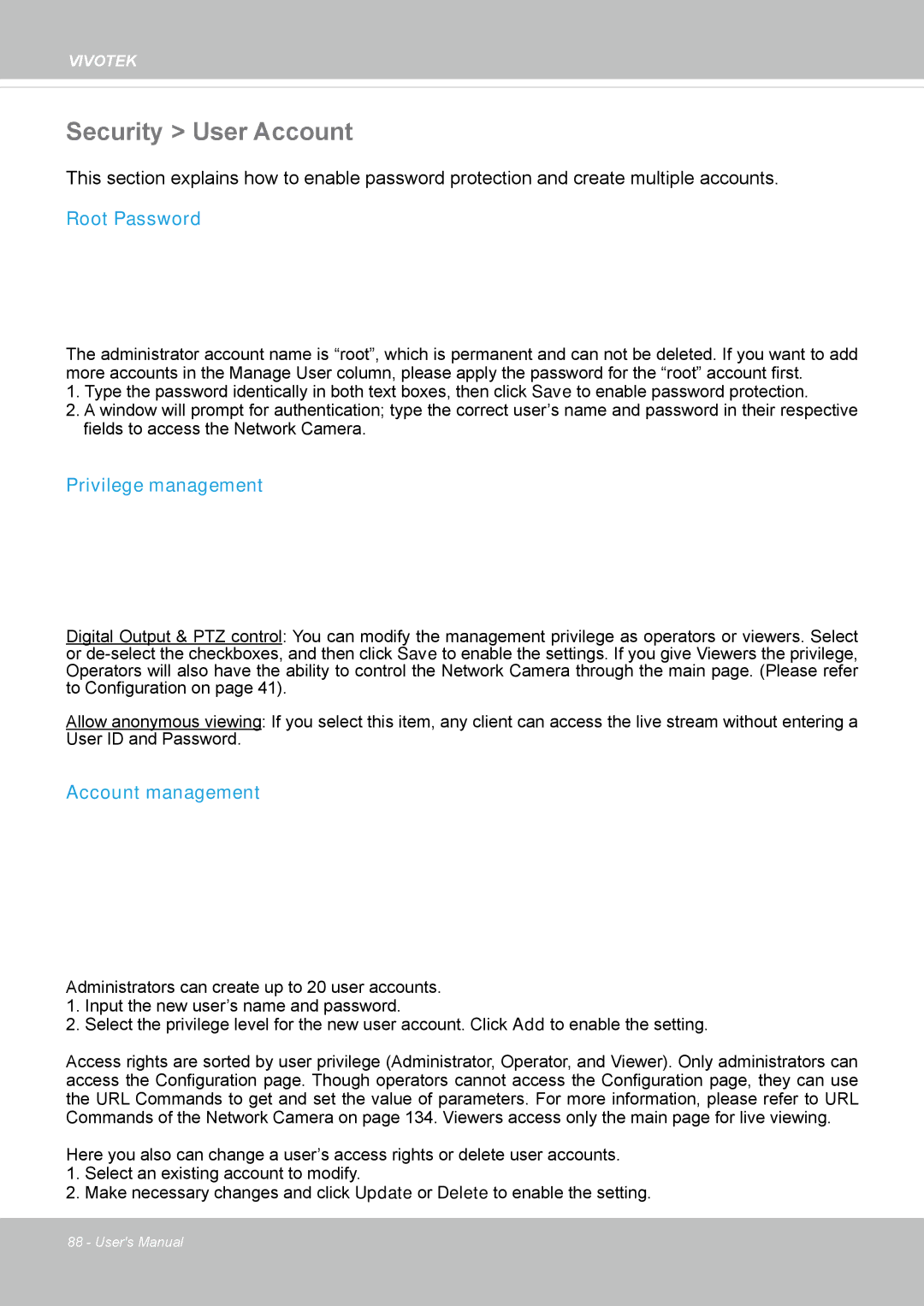 Vivotek FE8174V user manual Security User Account, Root Password, Privilege management, Account management 