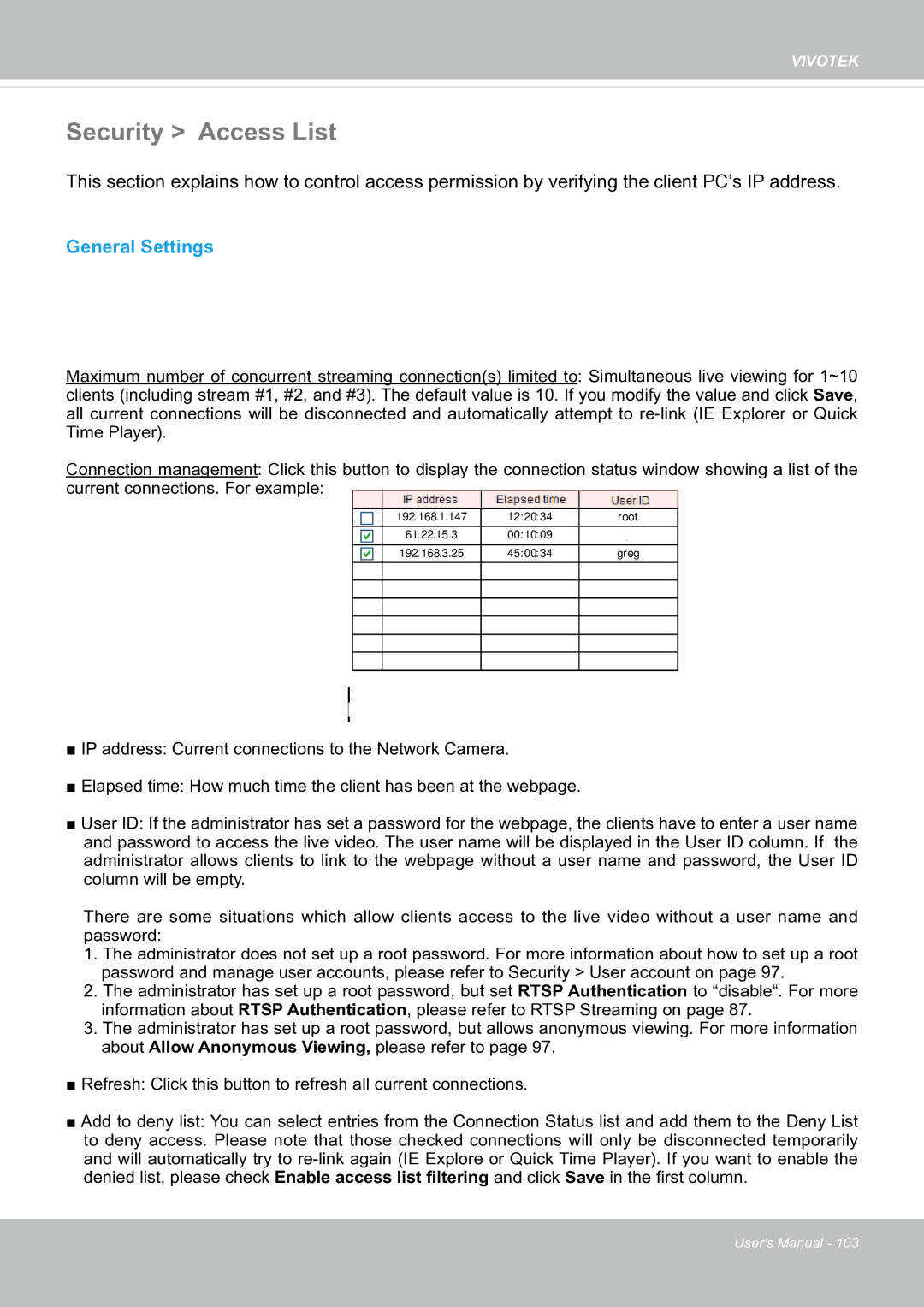 Vivotek FE8181V user manual Security Access List, General Settings 