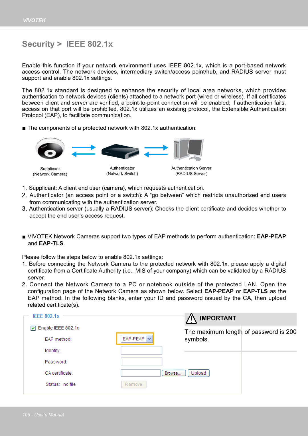 Vivotek FE8181V user manual Security Ieee, Maximum length of password is 200 symbols 