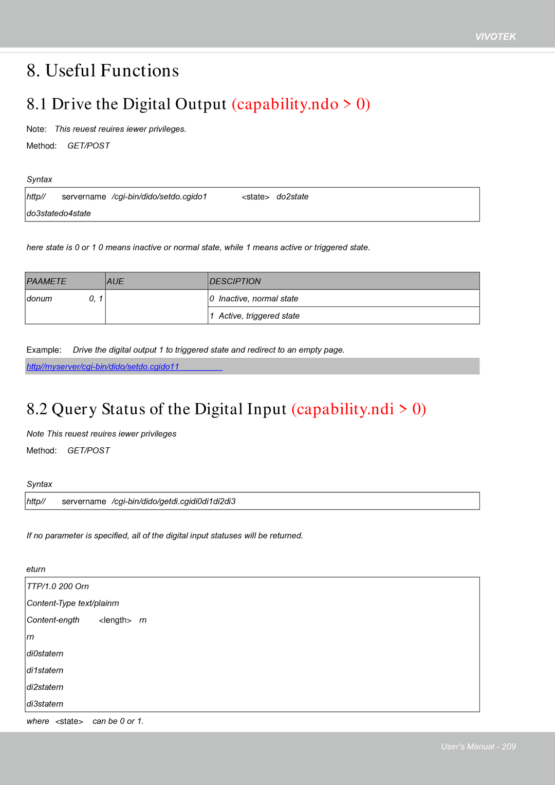 Vivotek FE8181V user manual Drive the Digital Output capability.ndo, Query Status of the Digital Input capability.ndi 