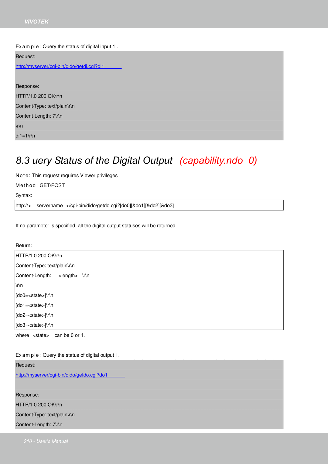 Vivotek FE8181V user manual Query Status of the Digital Output capability.ndo, Http//myserver/cgi-bin/dido/getdi.cgi?di1 