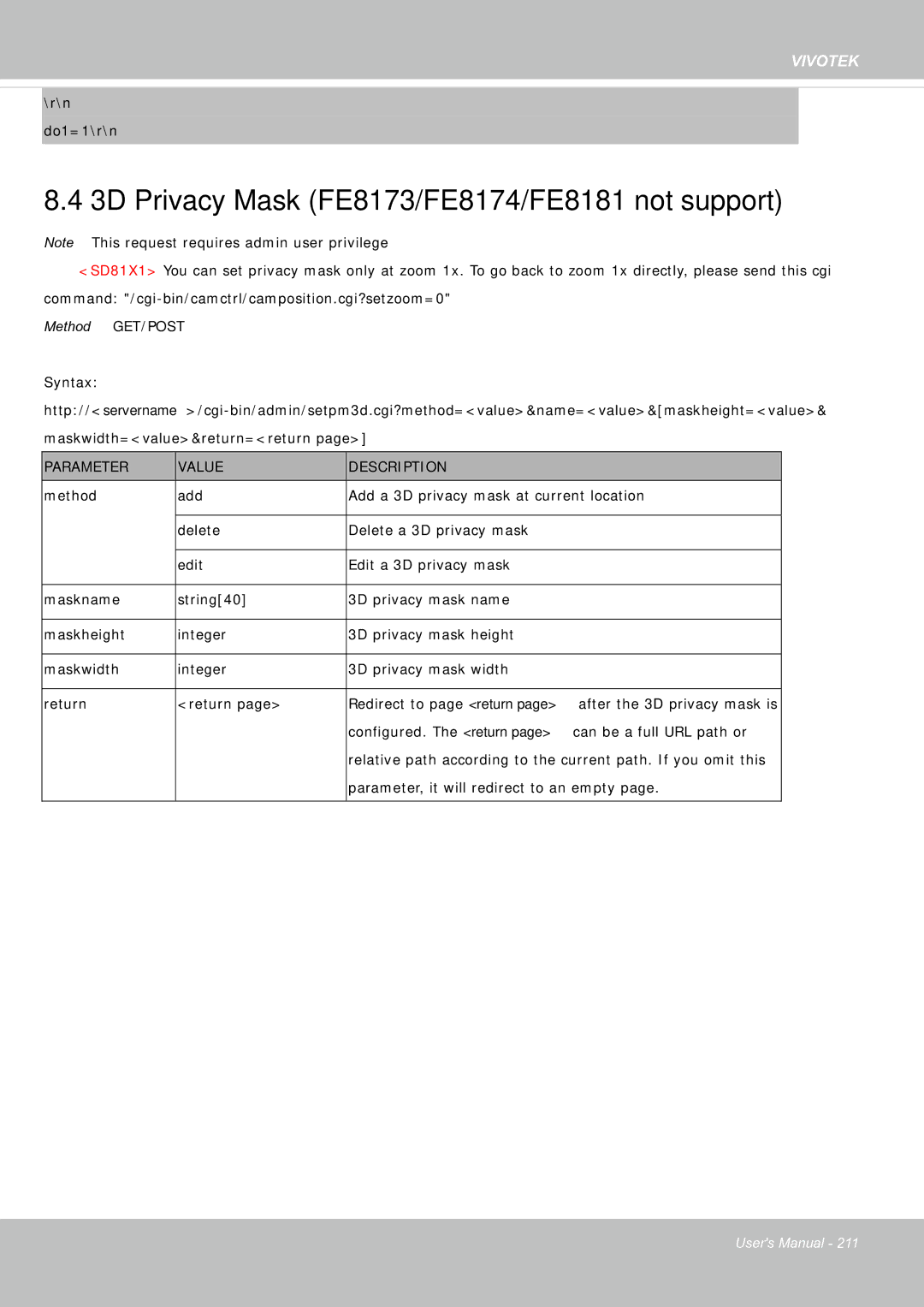 Vivotek FE8181V user manual 3D Privacy Mask FE8173/FE8174/FE8181 not support 