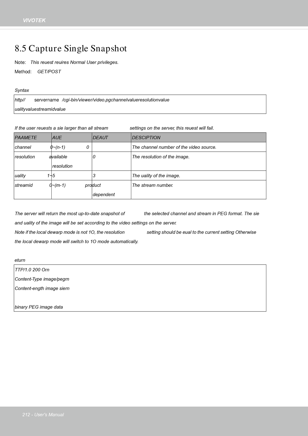 Vivotek FE8181V user manual Capture Single Snapshot, Parameter Value Default Description 