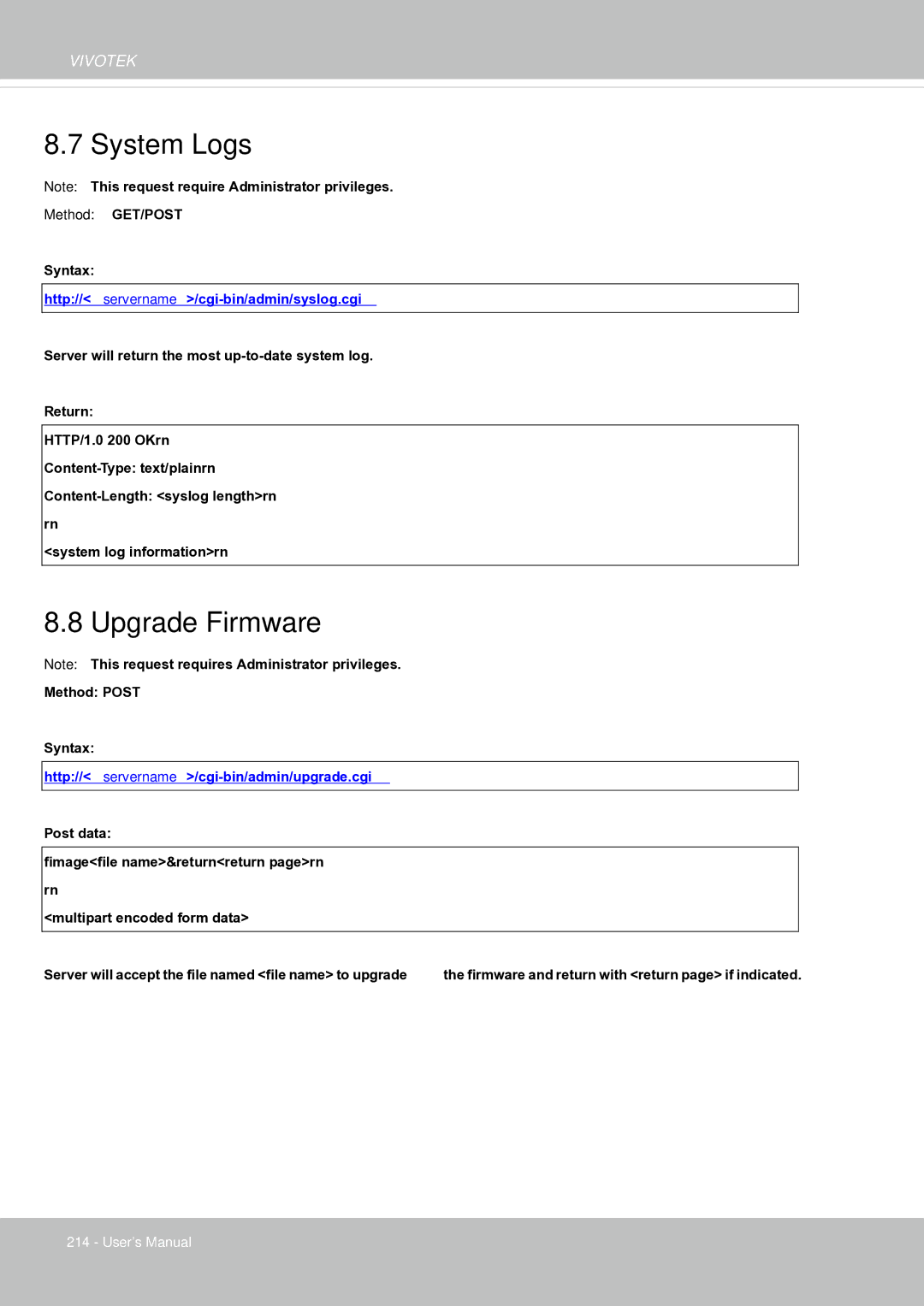 Vivotek FE8181V user manual System Logs, Upgrade Firmware 